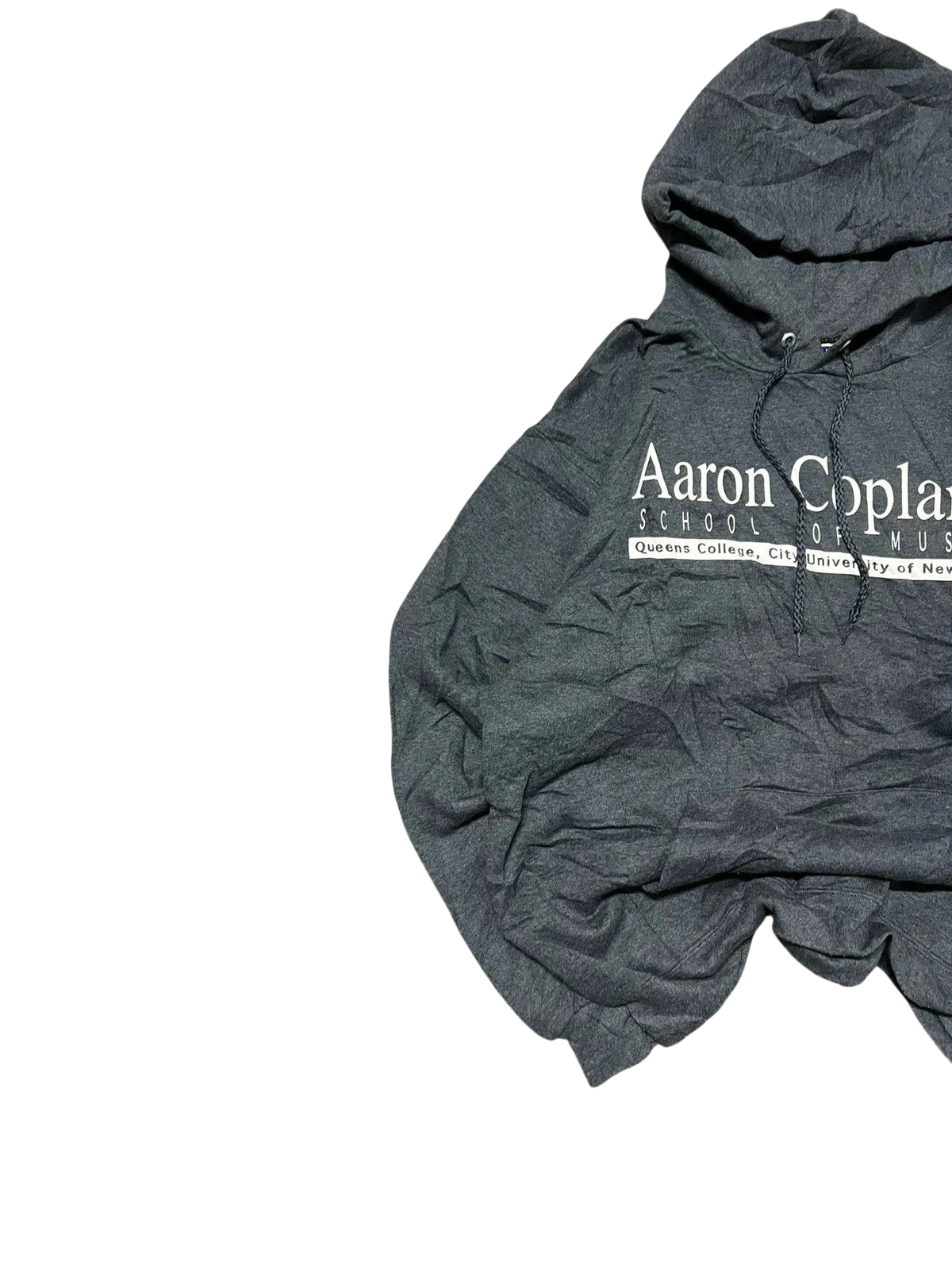 Premier Vintage dark grey hoodie with Aaron Copland School of Music logo. Features drawstring hood and pouch pocket.