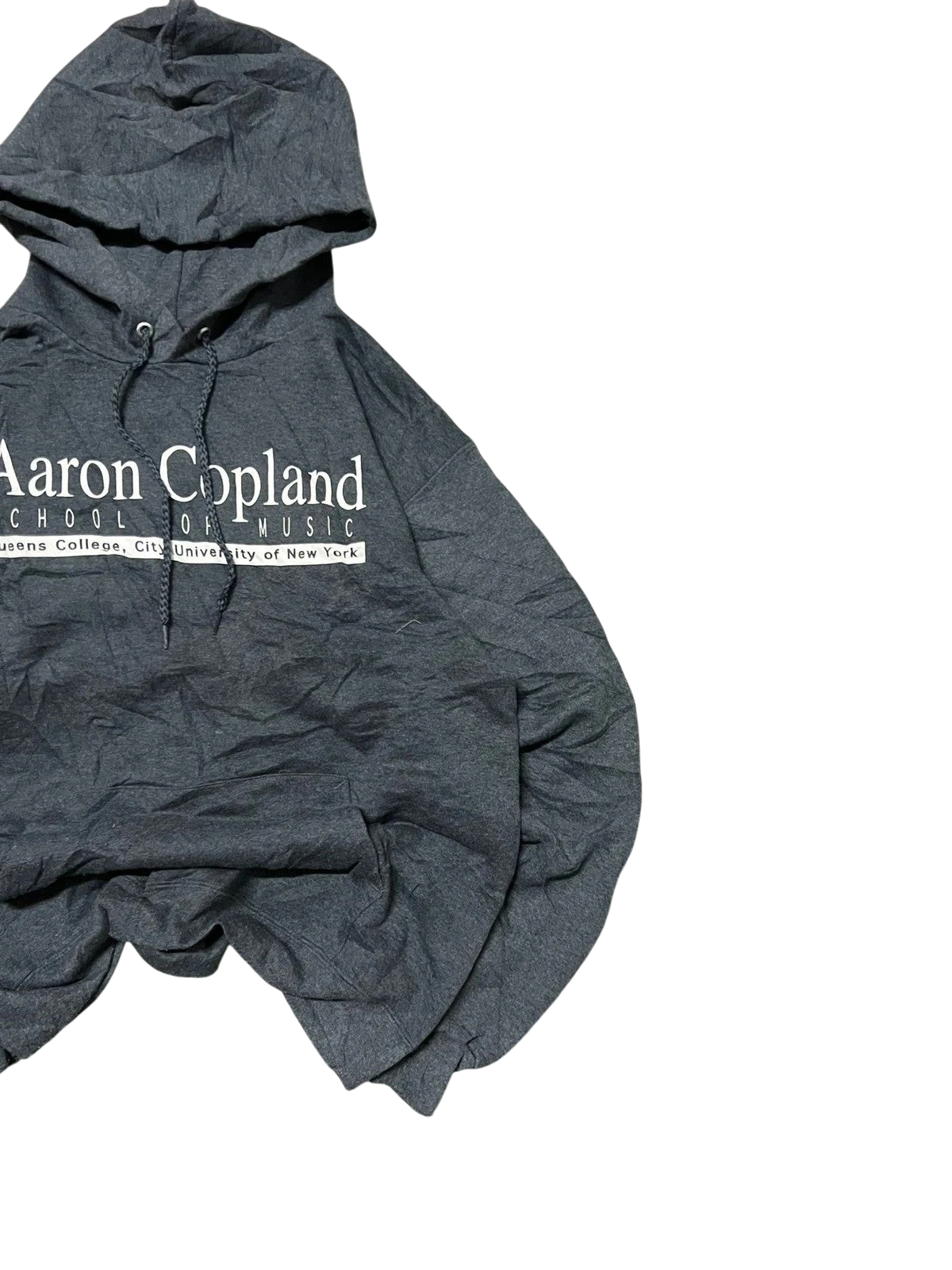Premier Vintage dark grey hoodie with Aaron Copland School of Music logo. Features drawstring hood and pouch pocket.