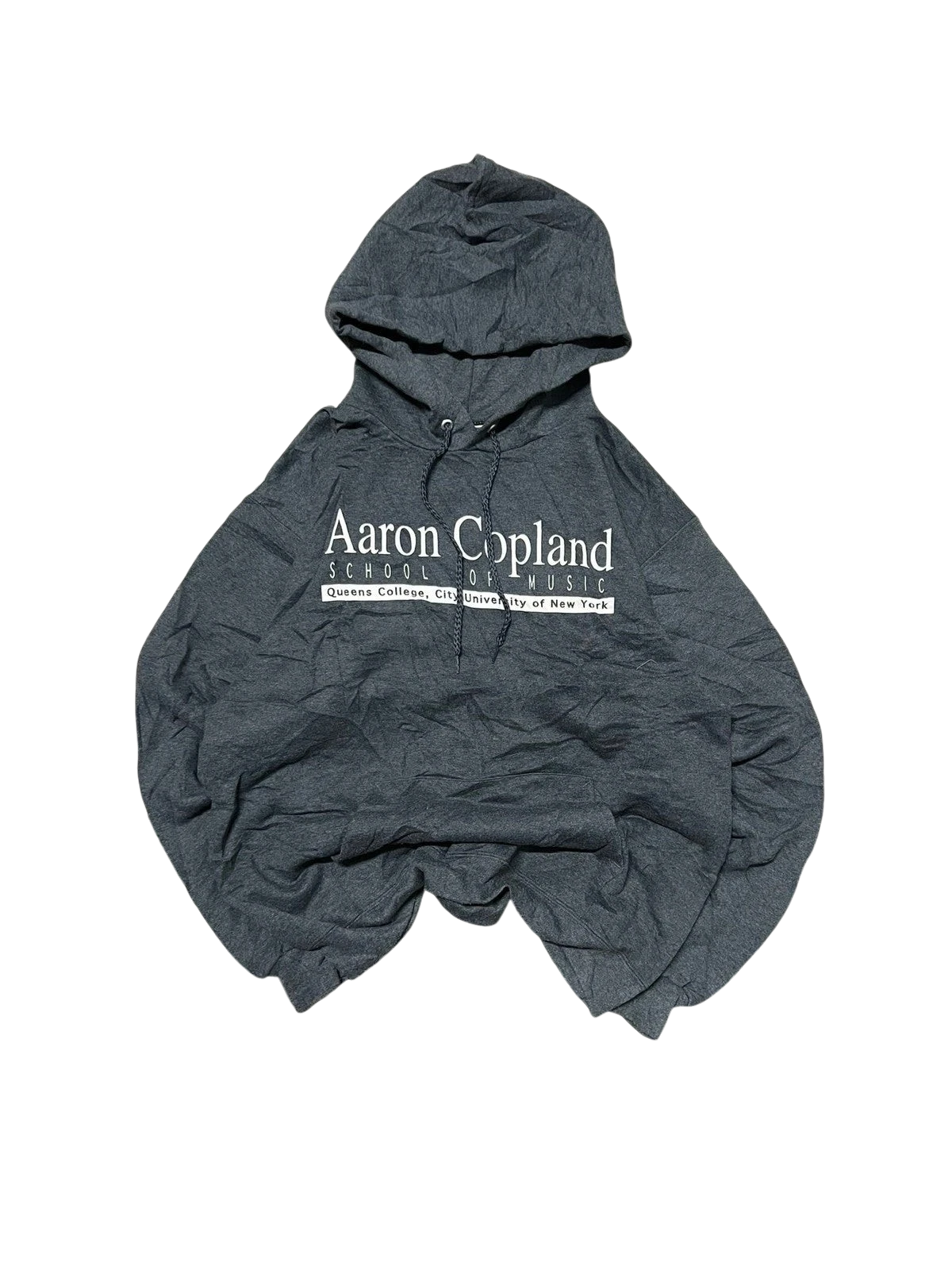 Premier Vintage dark grey hoodie with Aaron Copland School of Music logo, drawstring hood, and front pouch pocket.