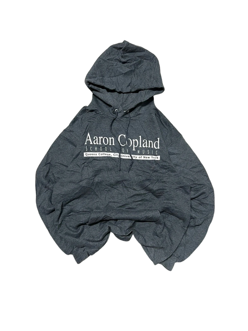 Premier Vintage dark grey hoodie with Aaron Copland School of Music logo, drawstring hood, and front pouch pocket.