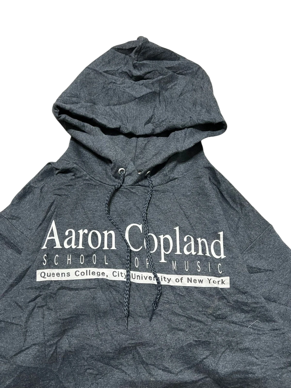 Premier Vintage dark grey hoodie with Aaron Copland School of Music logo. Features drawstring hood and pouch pocket.