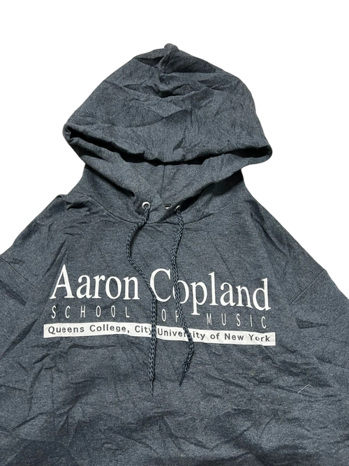 Premier Vintage dark grey hoodie with Aaron Copland School of Music logo. Features drawstring hood and pouch pocket.