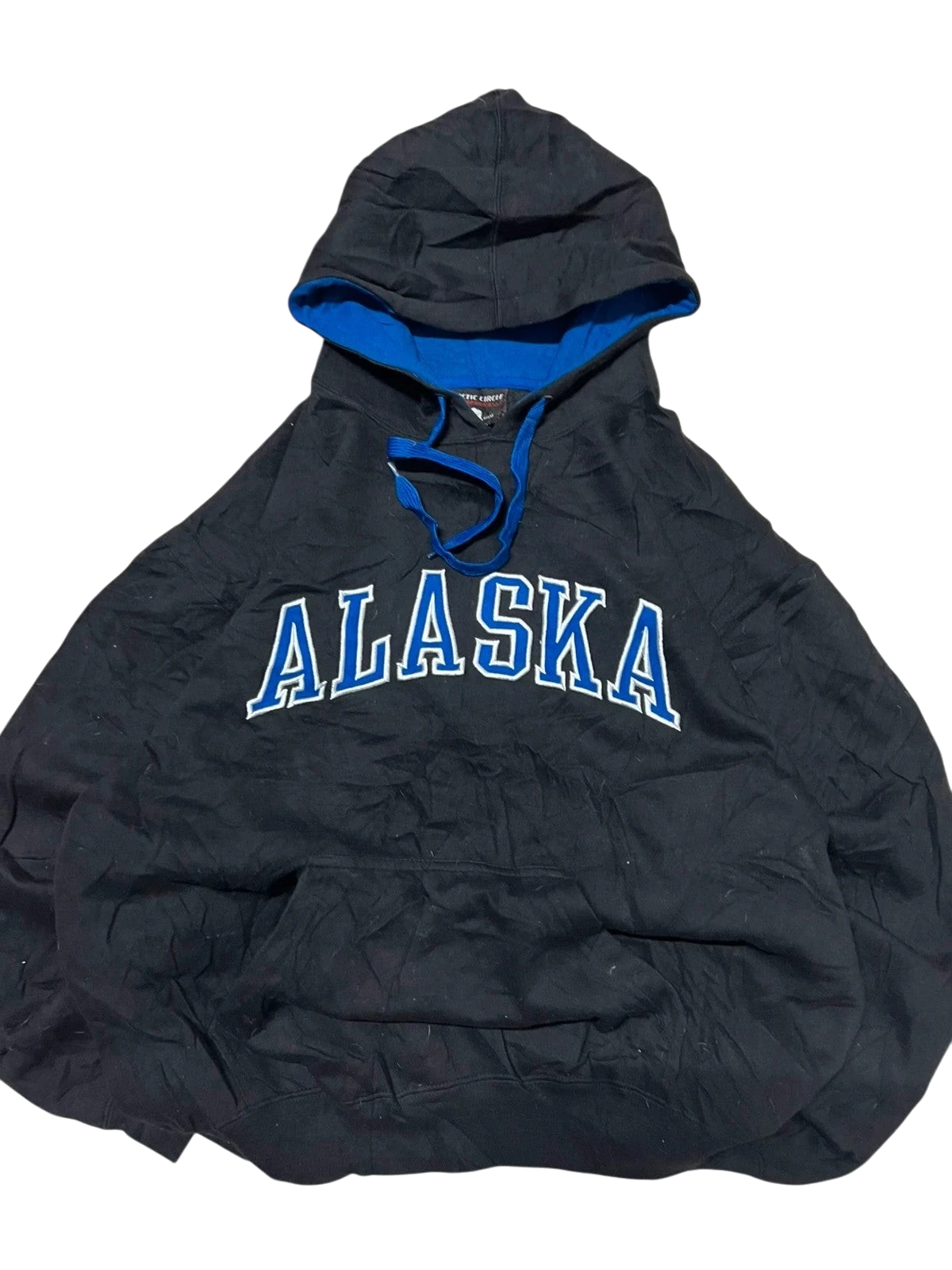 Premier Vintage black cotton blend hoodie with blue lining and "ALASKA" graphic. Features kangaroo pocket.