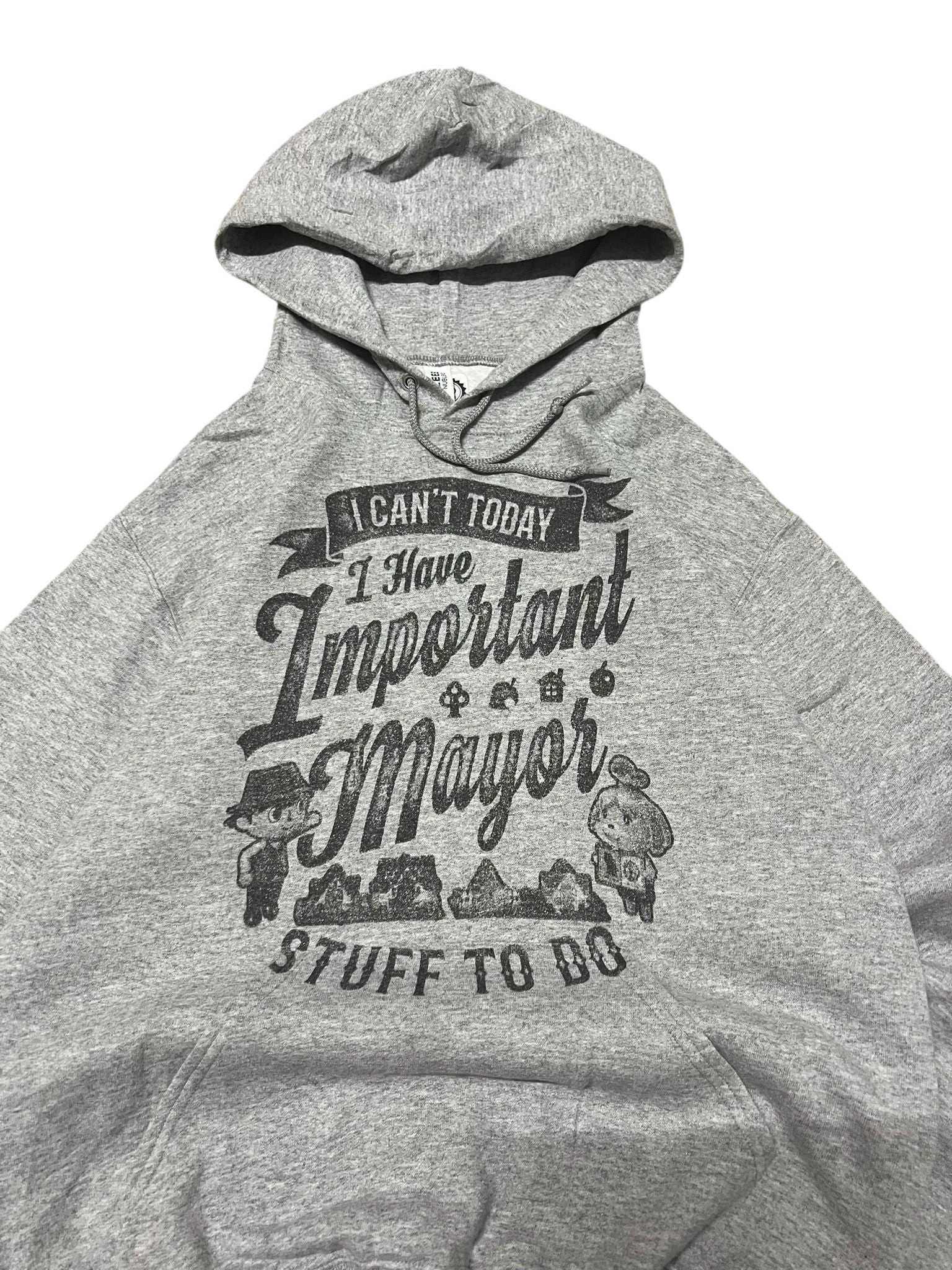 Premier Vintage grey graphic hoodie with Animal Crossing characters and text "I Can't Today I Have Important Mayor Stuff To Do."