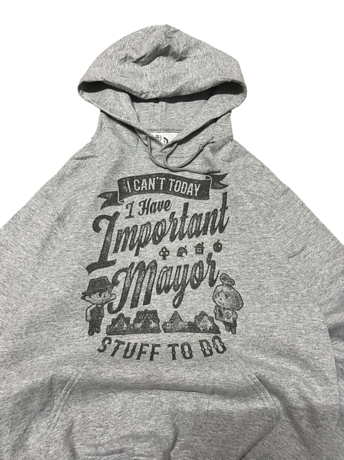 Premier Vintage grey graphic hoodie with Animal Crossing characters and text "I Can't Today I Have Important Mayor Stuff To Do."