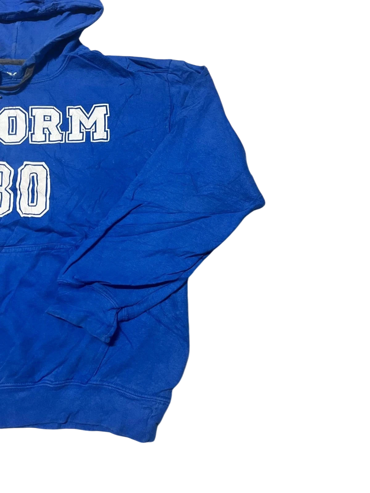 Premier Vintage blue cotton pullover hoodie with drawstring hood, front pocket, and bold "STORM 30" graphic.
