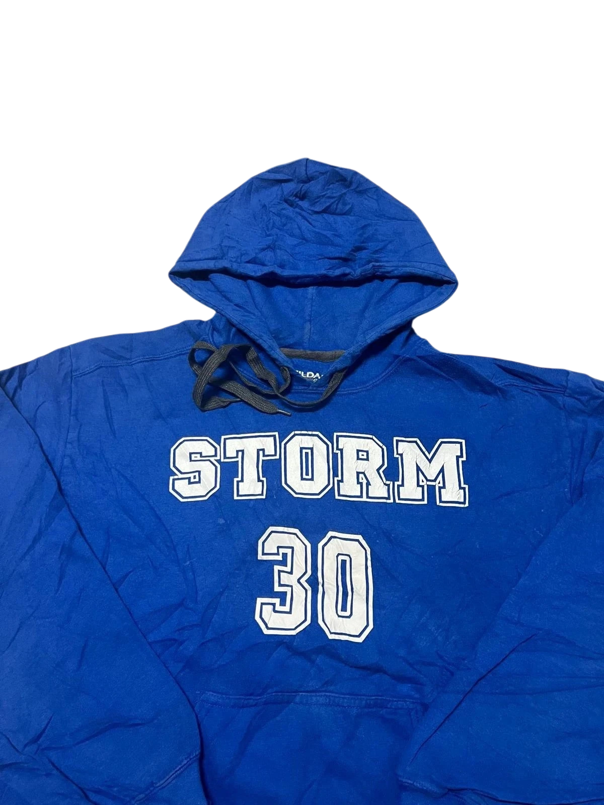 Premier Vintage blue cotton pullover hoodie with "STORM 30" graphic on chest, drawstring hood, and front pocket.