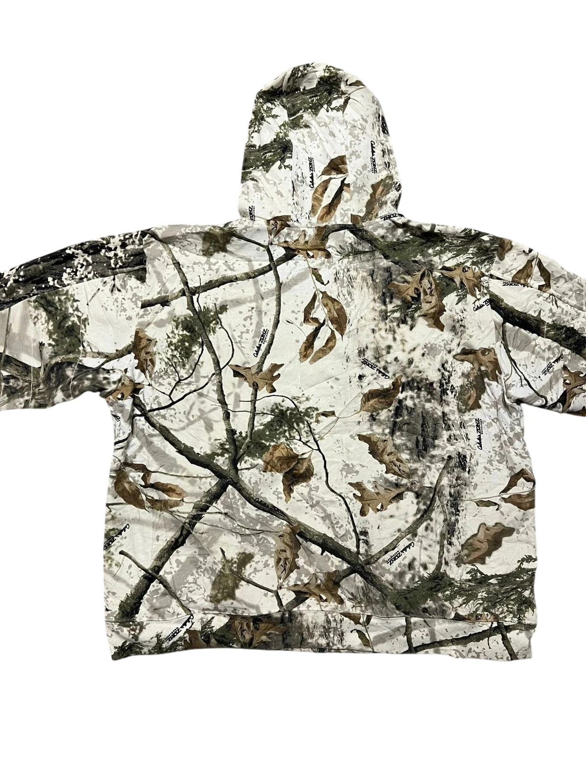 Premier Vintage Cabela's camouflage full zip hoodie with realistic woodland pattern in green, brown, and white. Attached hood.