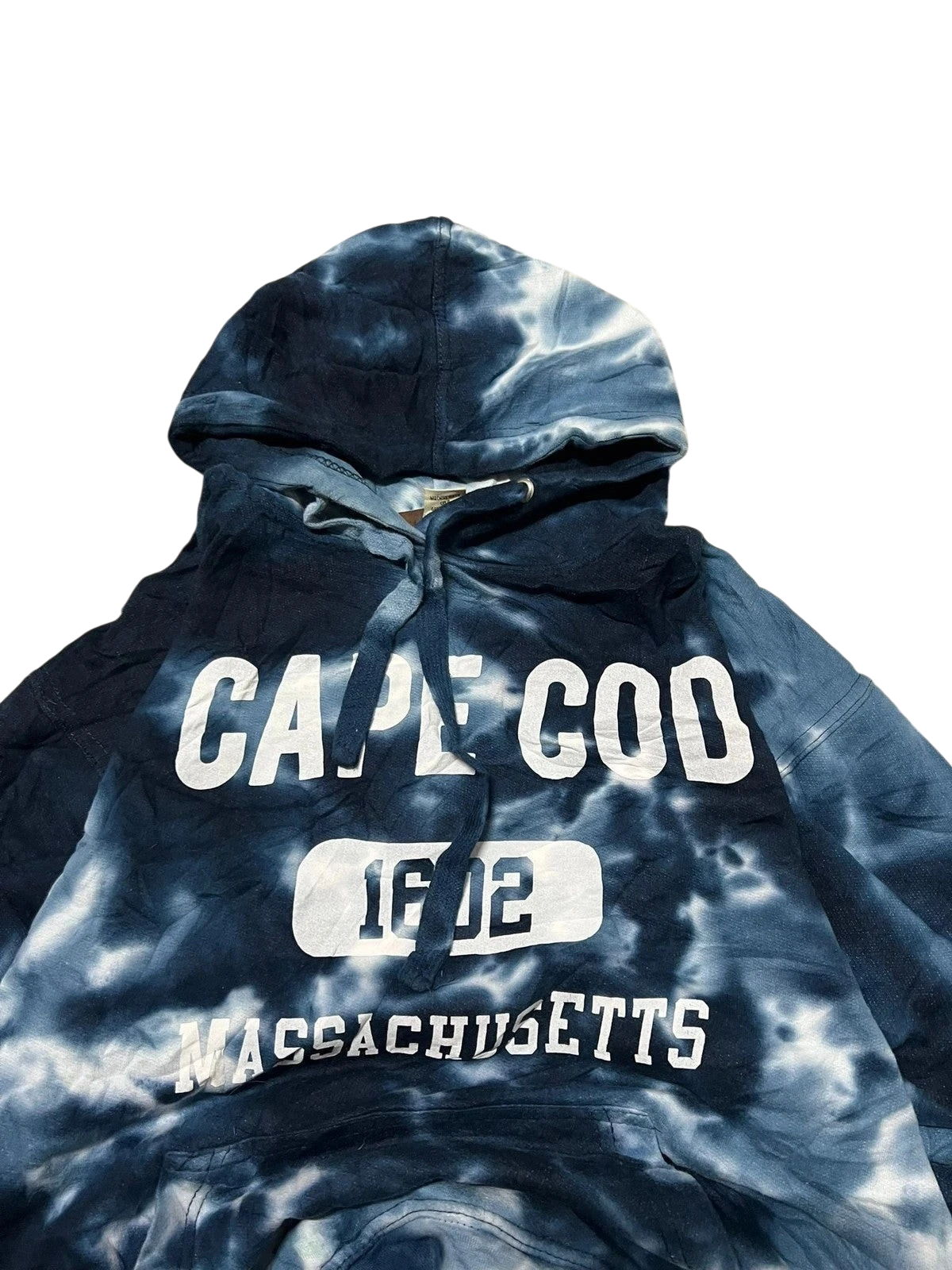 Premier Vintage blue and white tie-dye hoodie with "Cape Cod, Massachusetts" graphic. Cotton blend.
