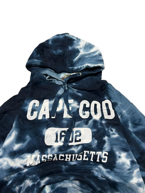 Premier Vintage blue and white tie-dye hoodie with "Cape Cod, Massachusetts" graphic. Cotton blend.