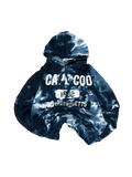 Premier Vintage blue and white tie-dye hoodie with Cape Cod Massachusetts graphic. Cotton blend.