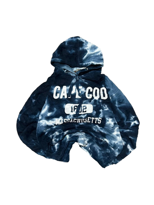 Premier Vintage blue and white tie-dye hoodie with Cape Cod Massachusetts graphic. Cotton blend.