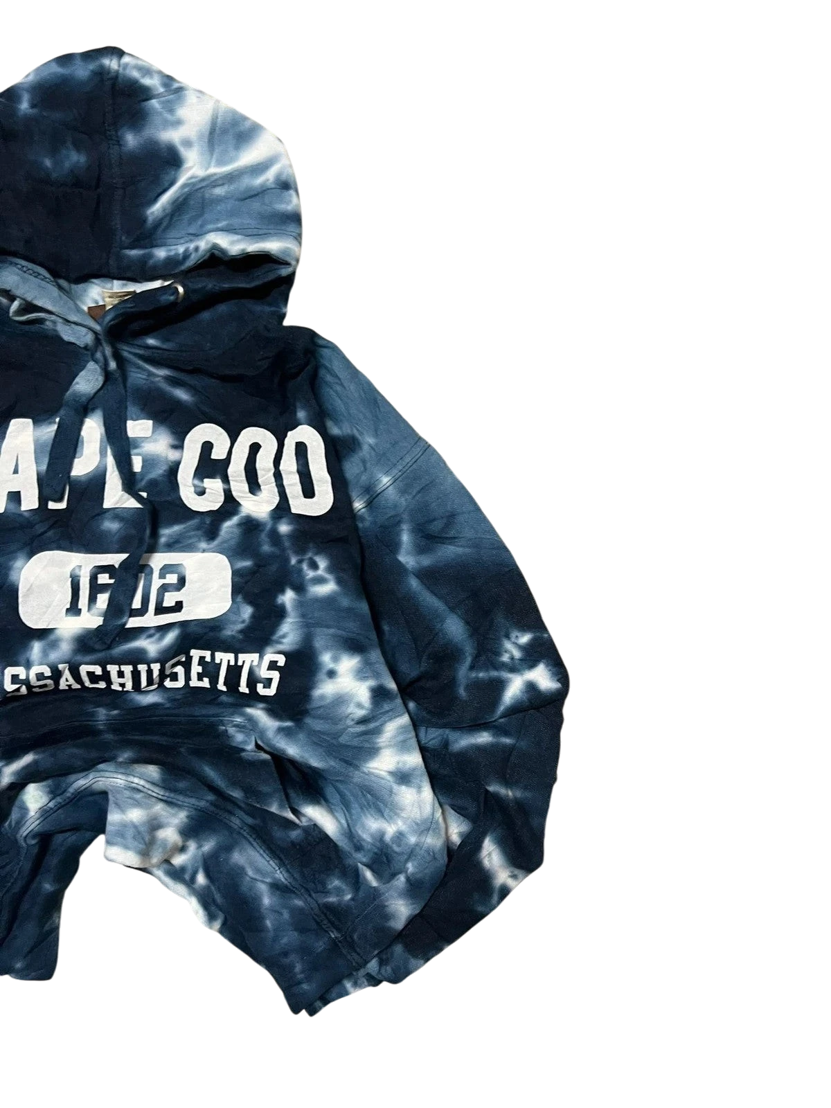 Premier Vintage blue and white tie-dye hoodie with "Cape Cod, Massachusetts" graphic. Cotton blend.