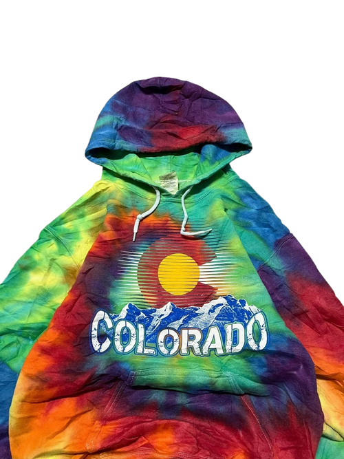 Premier Vintage Colorado tie-dye hoodie with rainbow swirl pattern, mountains, and sun graphic. Hooded sweatshirt.