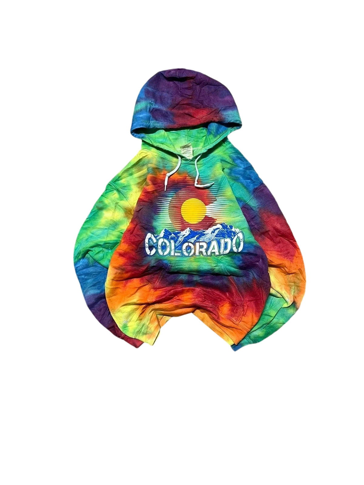 Premier Vintage Colorado tie-dye hoodie with rainbow swirl pattern and mountain graphic. Comfortable hooded sweatshirt for casual wear.