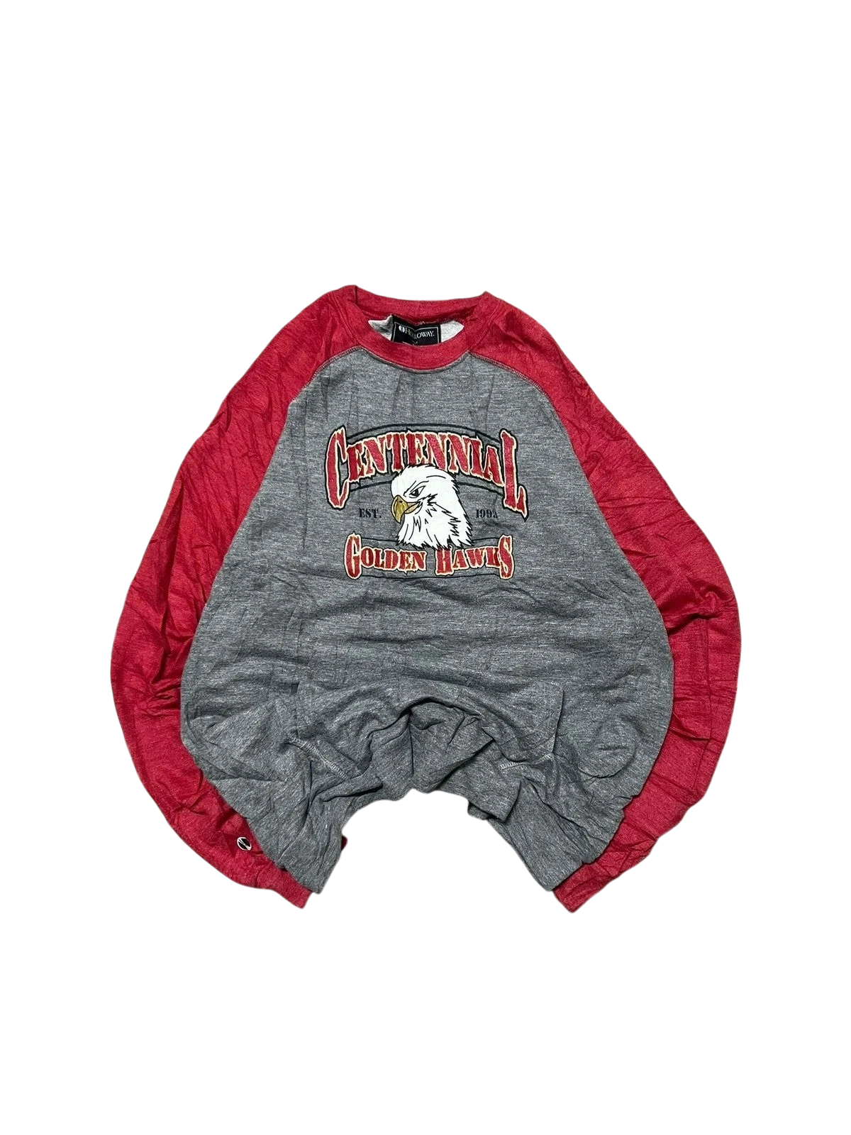 Premier Vintage grey raglan sweatshirt with red sleeves, featuring a Centennial Golden Hawks eagle graphic and "Est. 1993".