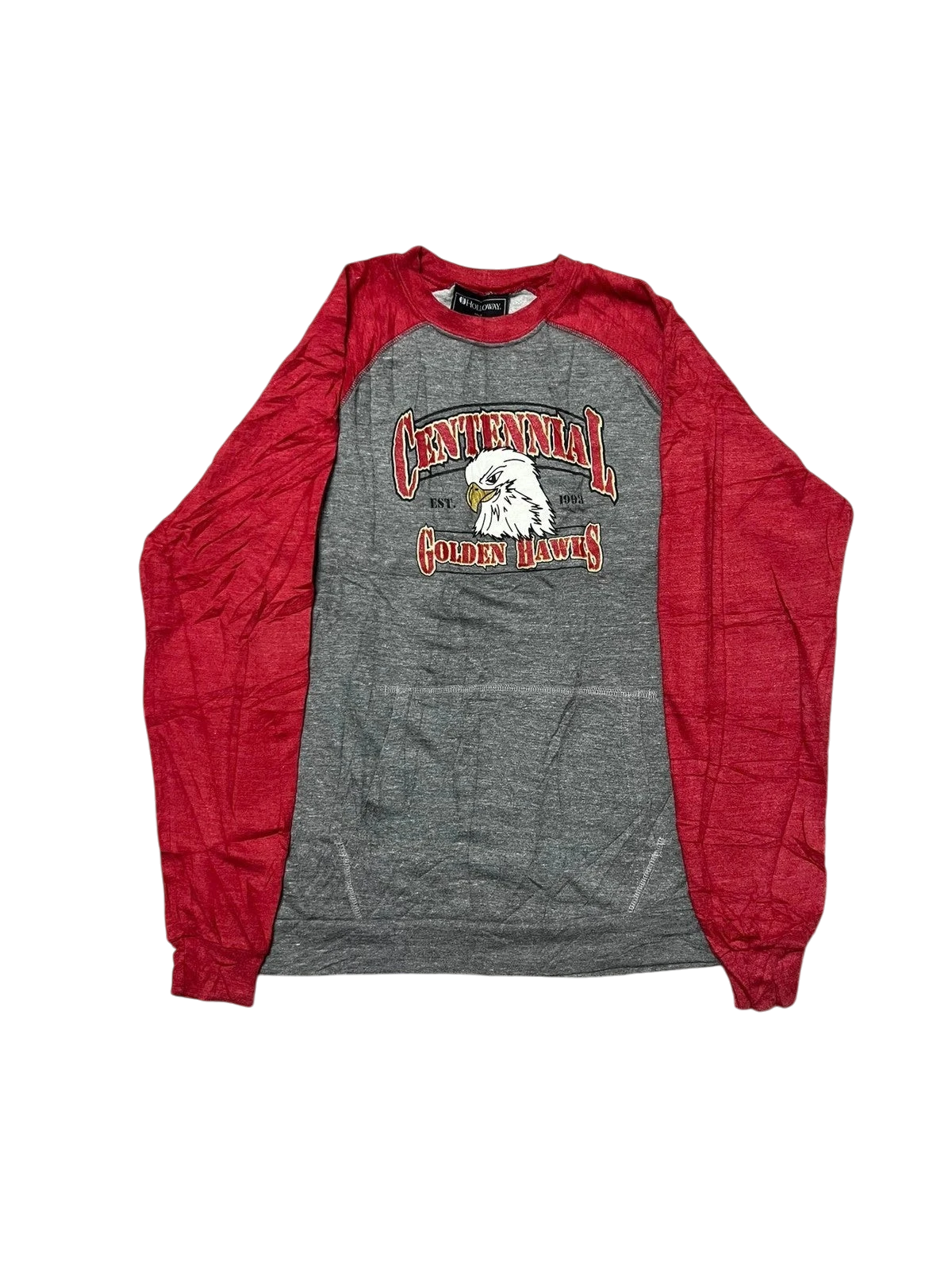 Premier Vintage raglan sweatshirt with grey body, red sleeves, and Centennial Golden Hawks eagle graphic. Vintage athletic style.