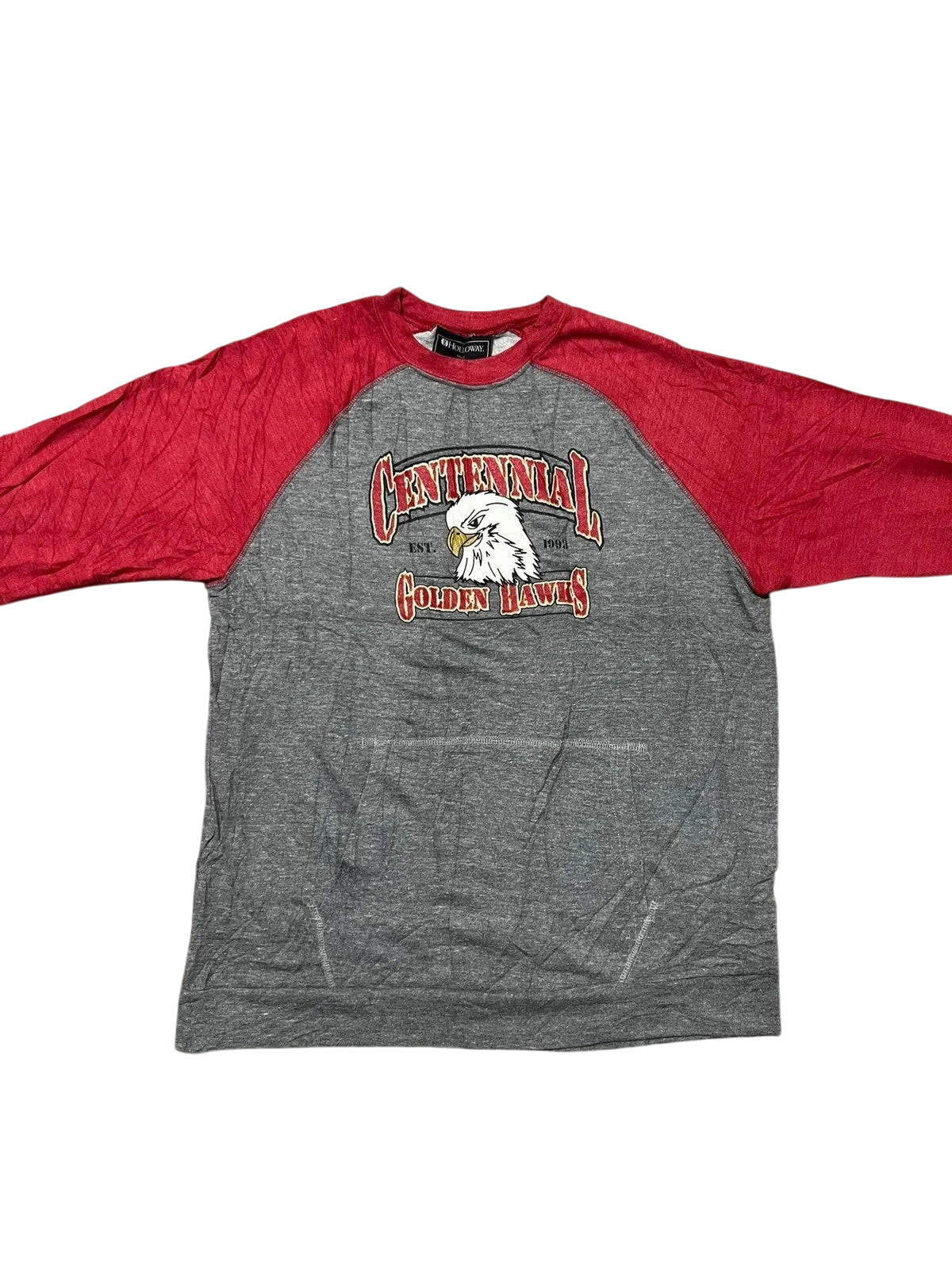 Premier Vintage grey raglan sweatshirt with red sleeves, featuring a Centennial Golden Hawks graphic with an eagle emblem and "Est. 1993".