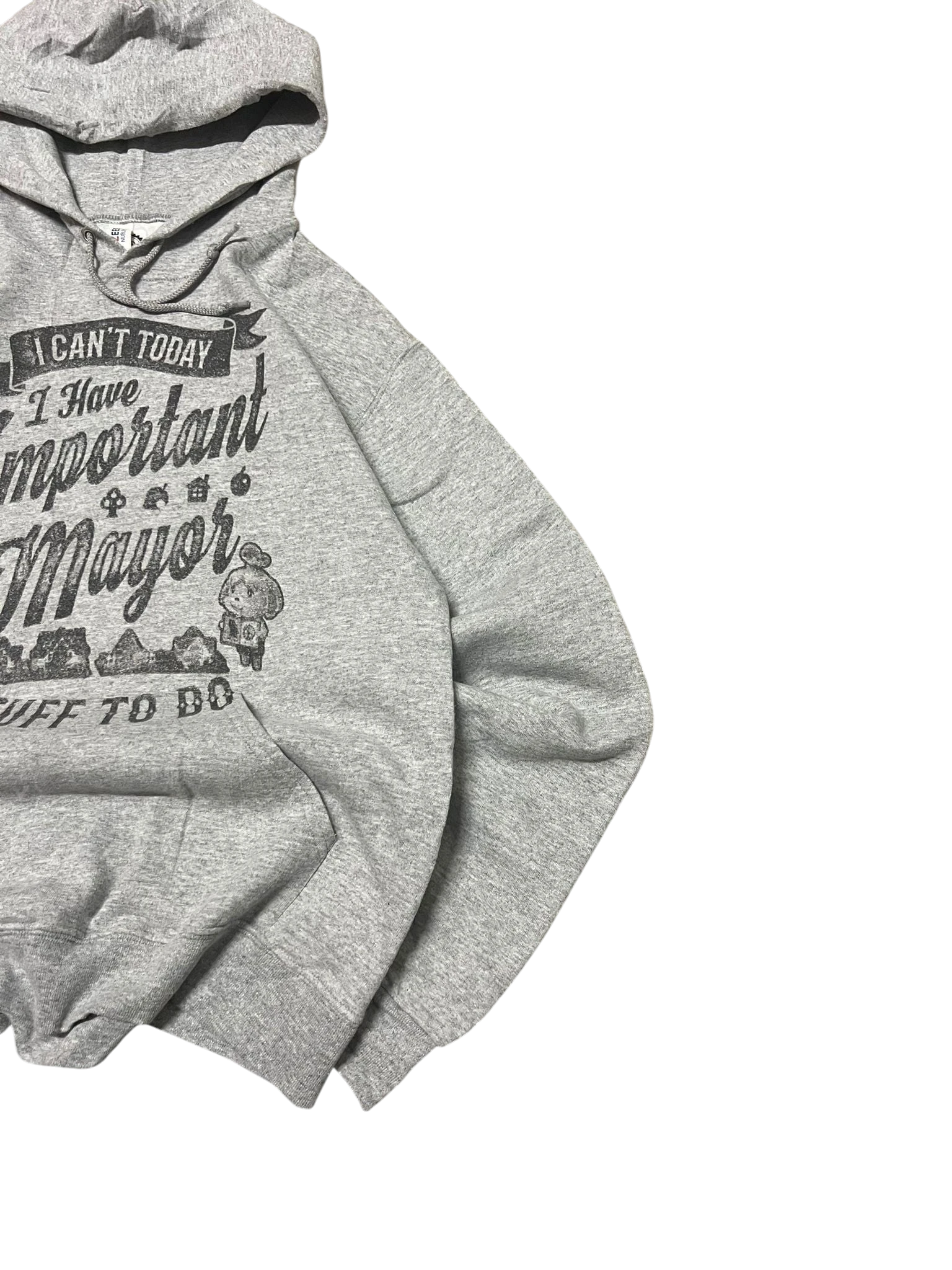 Premier Vintage grey cotton blend hoodie with "I Can't Today, I Have Important Mayor Stuff To Do" graphic and Animal Crossing icons.