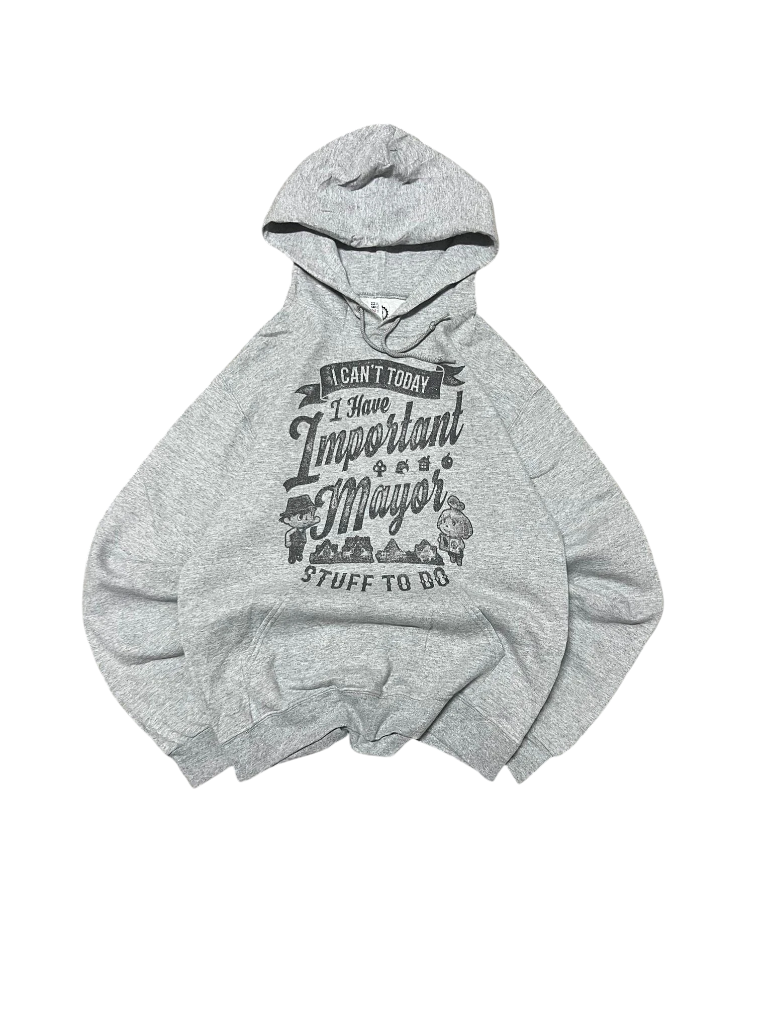 Premier Vintage grey graphic hoodie with "I Can't Today I Have Important Mayor Stuff To Do" text and Animal Crossing characters.
