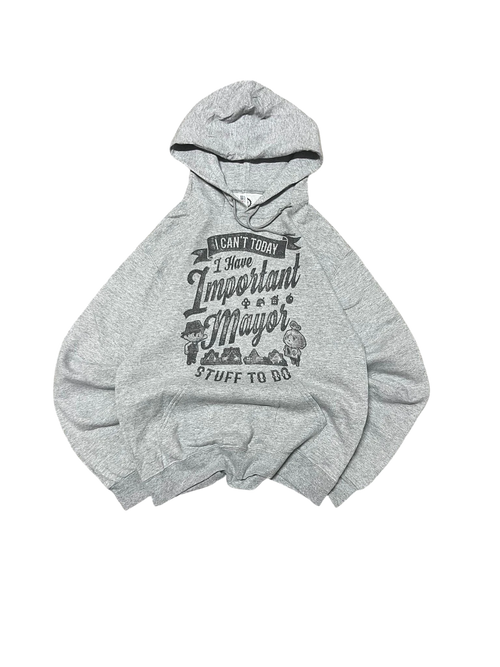 Premier Vintage grey graphic hoodie with "I Can't Today I Have Important Mayor Stuff To Do" text and Animal Crossing characters.