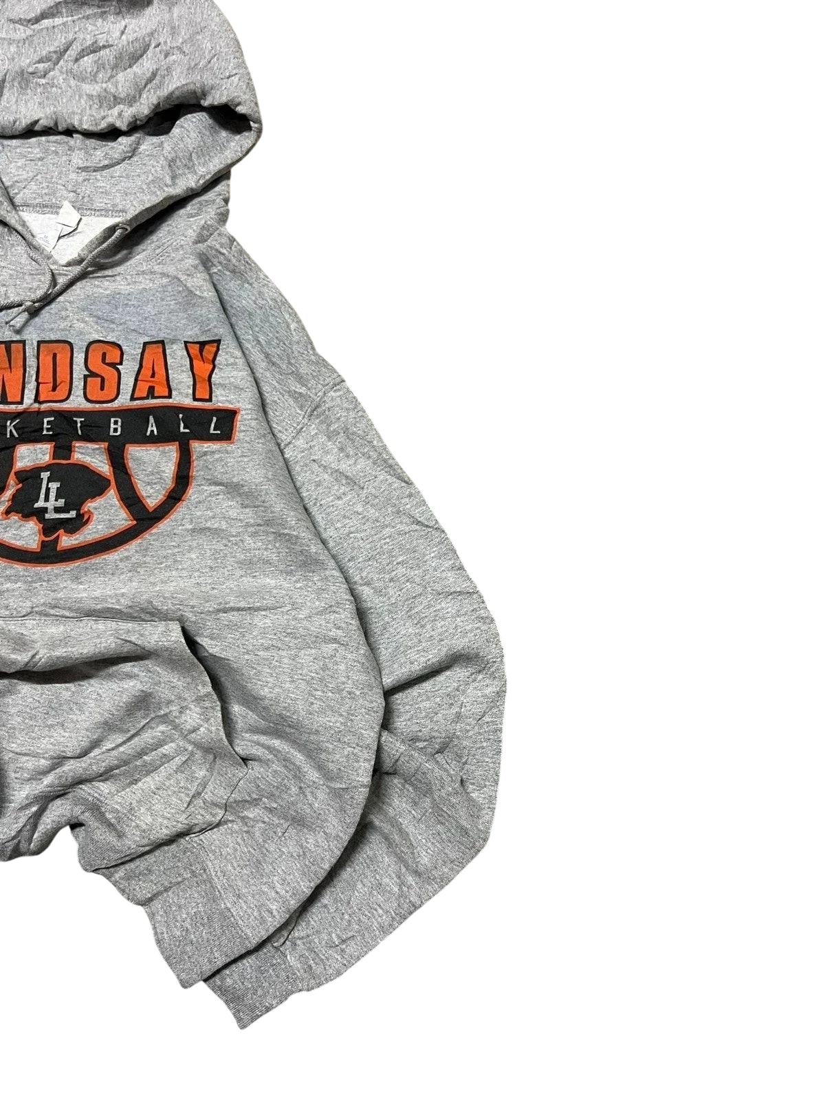 Premier Vintage grey cotton blend Lindsay Basketball graphic hoodie with drawstring hood and front pocket.