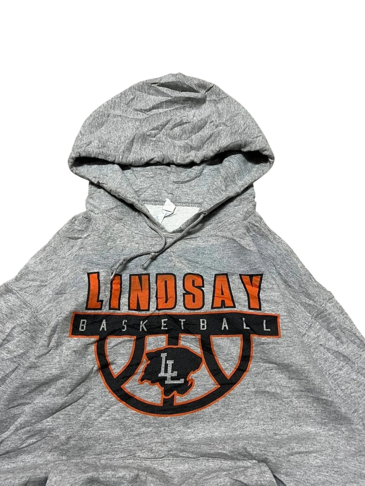 Premier Vintage grey cotton blend Lindsay Basketball graphic hoodie with drawstring hood and front pocket.