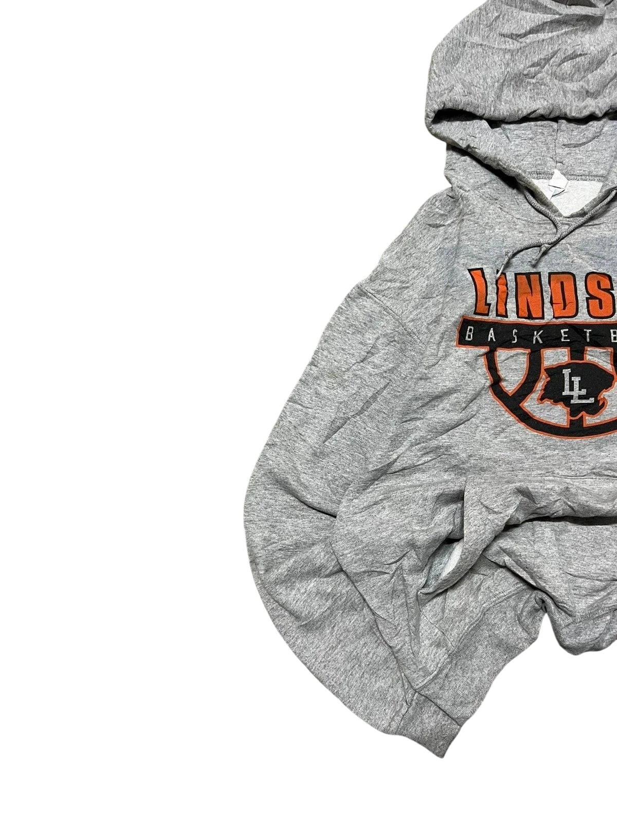 Premier Vintage grey cotton blend Lindsay Basketball graphic hoodie with drawstring hood and front pocket.