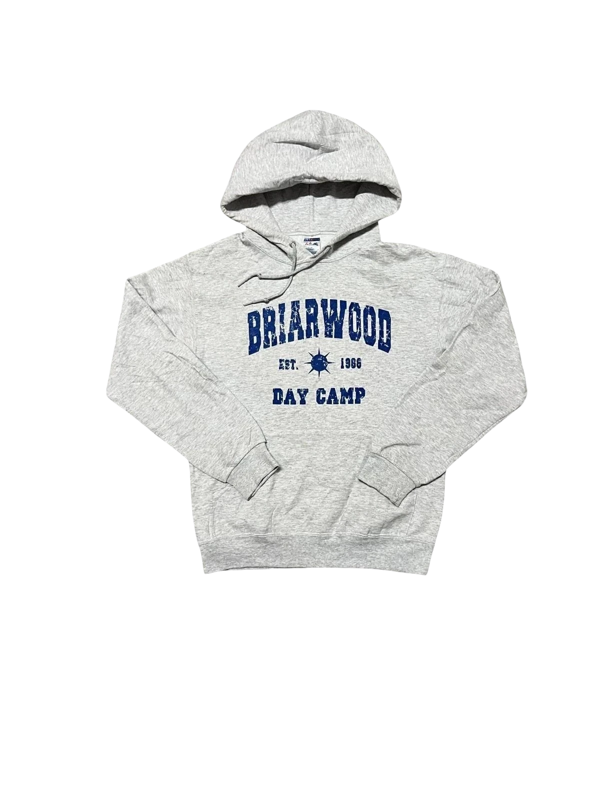 Premier Vintage grey cotton blend pullover hoodie with Briarwood Day Camp graphic print, drawstring hood, and kangaroo pocket. Size S.
