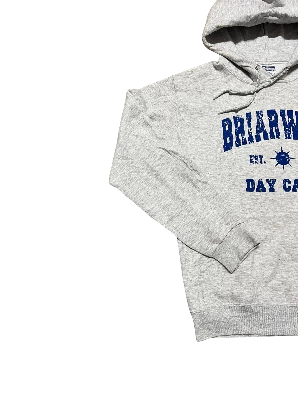 Premier Vintage grey cotton blend pullover hoodie with Briarwood Day Camp graphic print, drawstring hood, and kangaroo pocket. Size S.