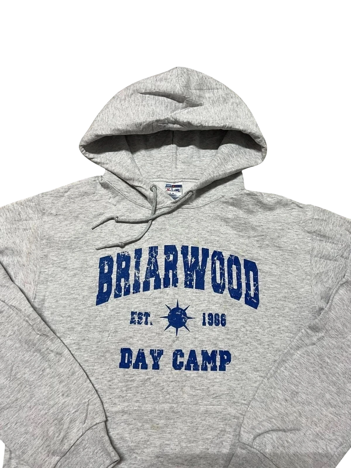 Premier Vintage grey cotton blend pullover hoodie with Briarwood Day Camp graphic print, drawstring hood, and kangaroo pocket. Size S.