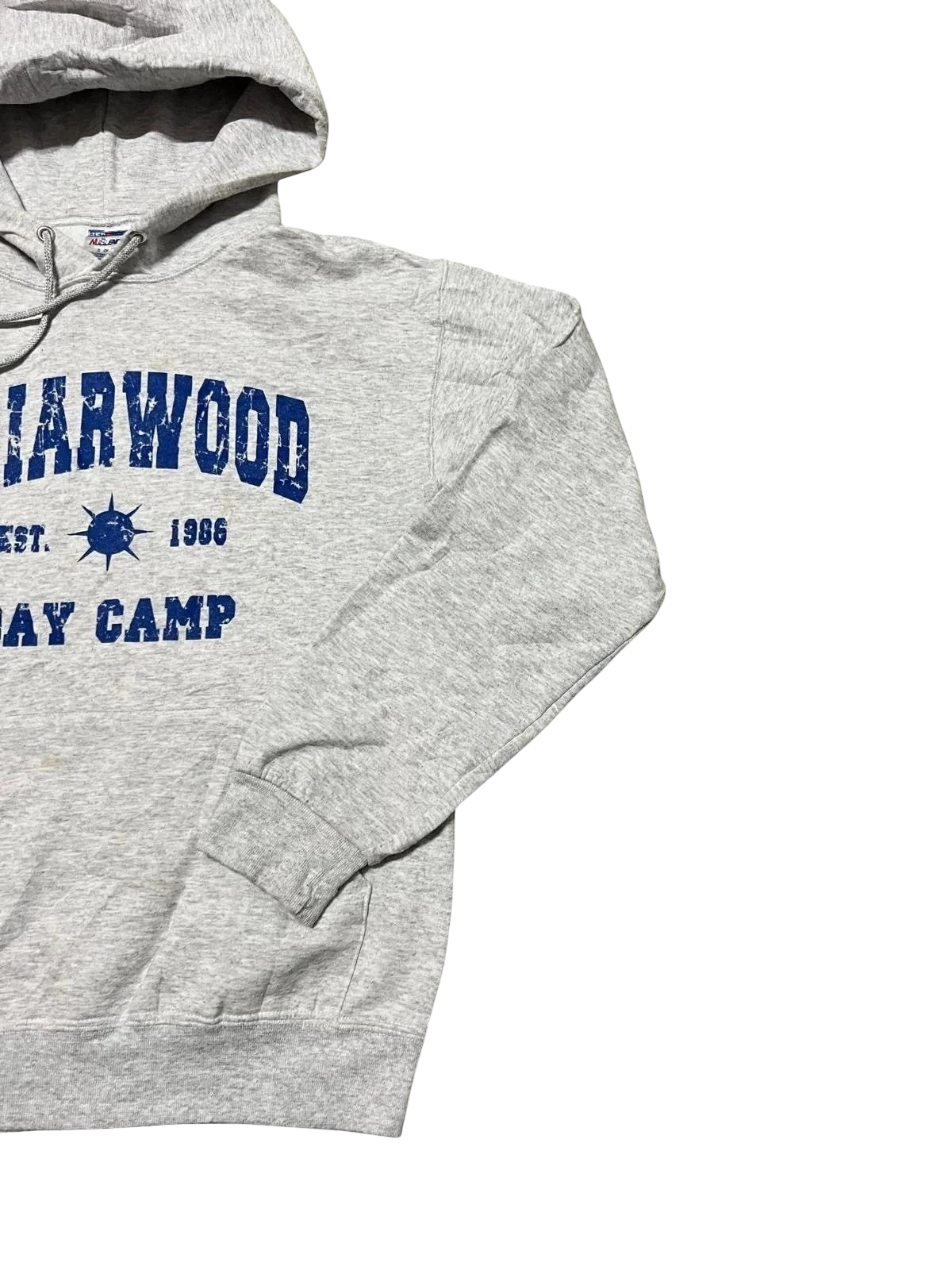 Premier Vintage grey cotton blend pullover hoodie with Briarwood Day Camp graphic print, drawstring hood, and kangaroo pocket. Size S.