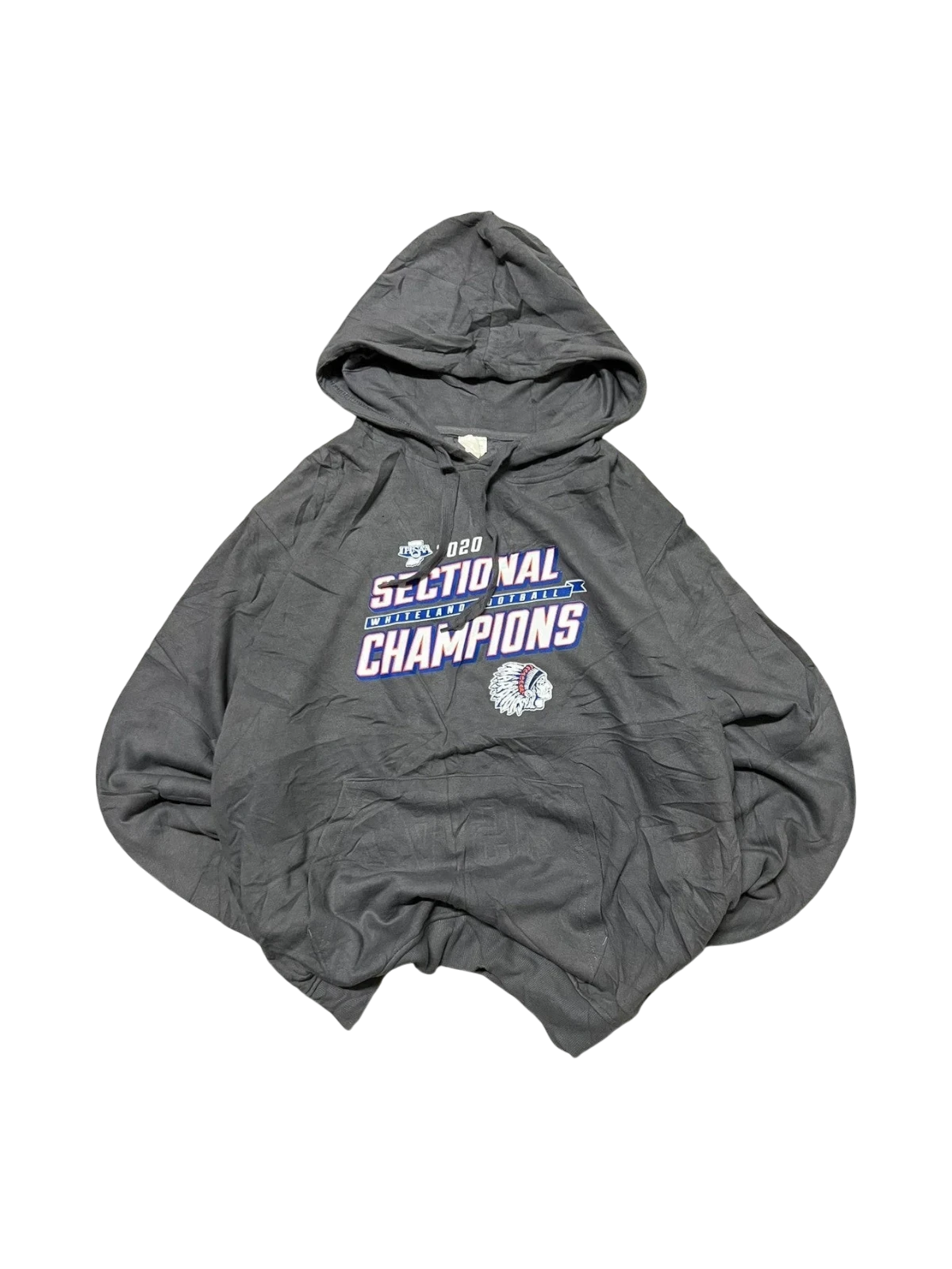 Premier Vintage grey hooded sweatshirt celebrating 2020 Sectional Champions with bold text and team logo. Soft, durable fabric.