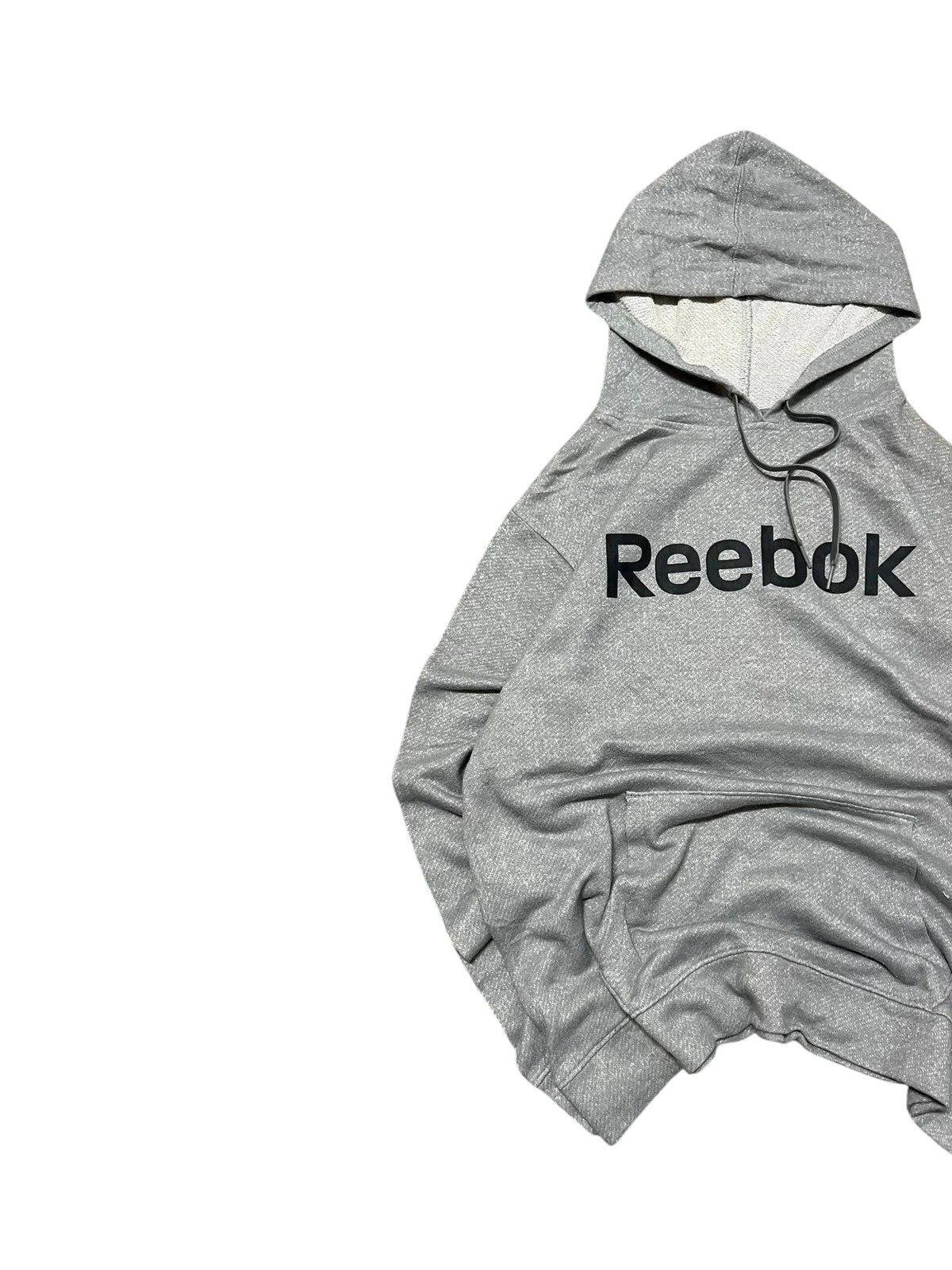 Premier Vintage grey marl Reebok athletic hoodie with kangaroo pocket and adjustable drawstring hood. Iconic Reebok logo on chest.