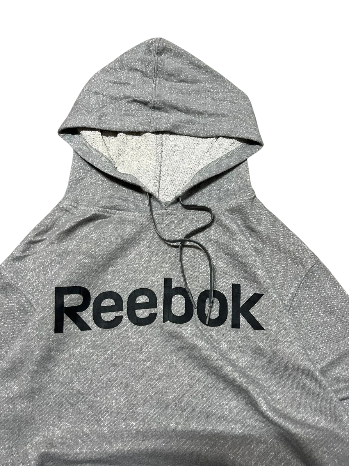 Premier Vintage grey marl Reebok athletic hoodie with black logo, drawstring hood, and kangaroo pocket.