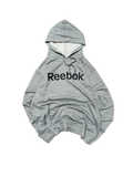 Premier Vintage grey Reebok athletic hoodie with kangaroo pocket and adjustable drawstring hood. Features large black Reebok logo on chest.