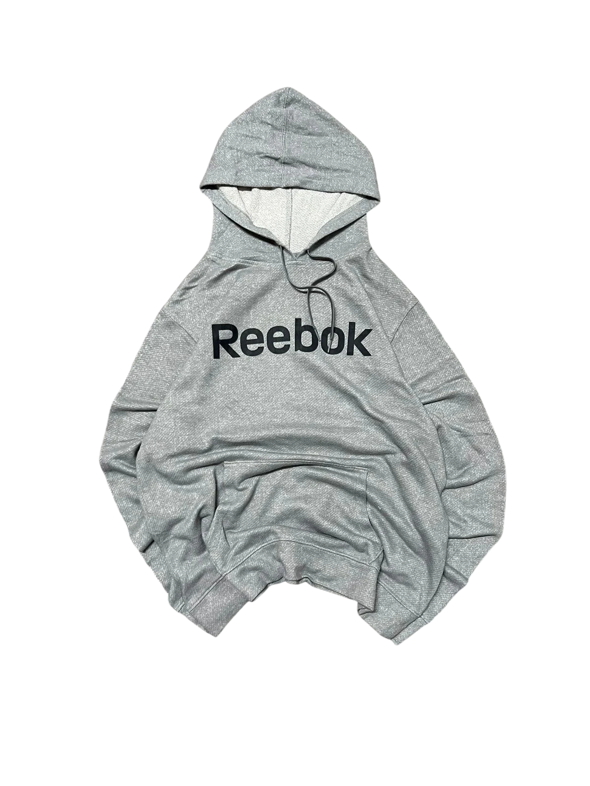Premier Vintage grey Reebok athletic hoodie with kangaroo pocket and adjustable drawstring hood. Features large black Reebok logo on chest.