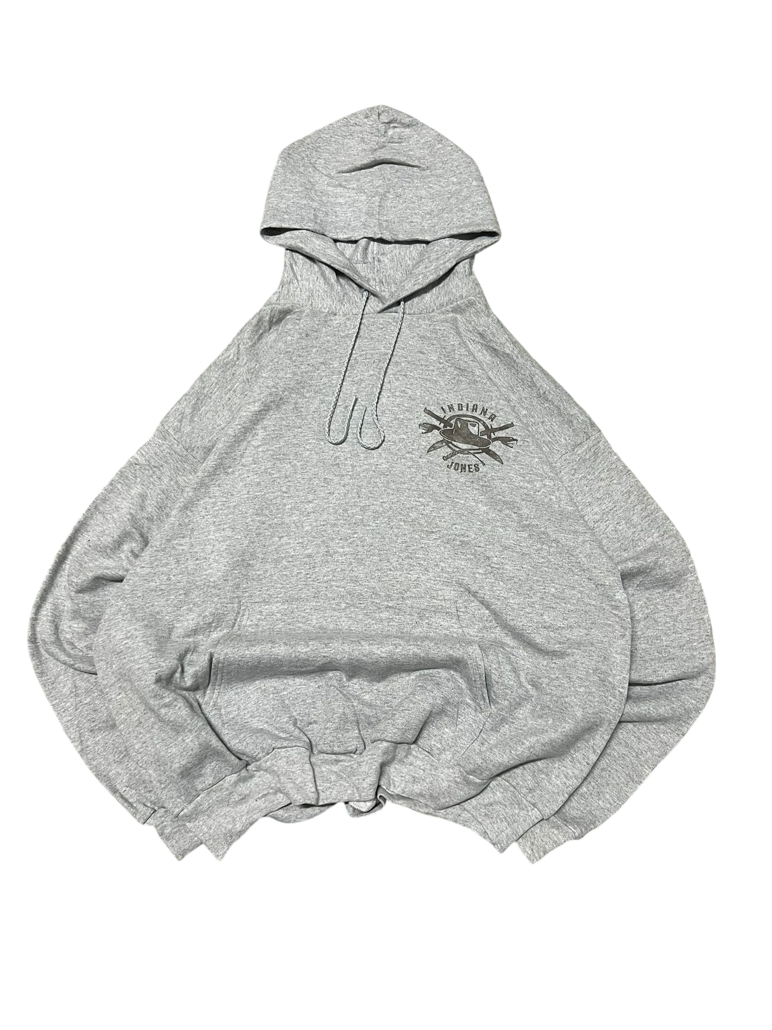 Premier Vintage grey cotton blend Indiana Jones graphic hoodie with drawstring hood and front pocket.