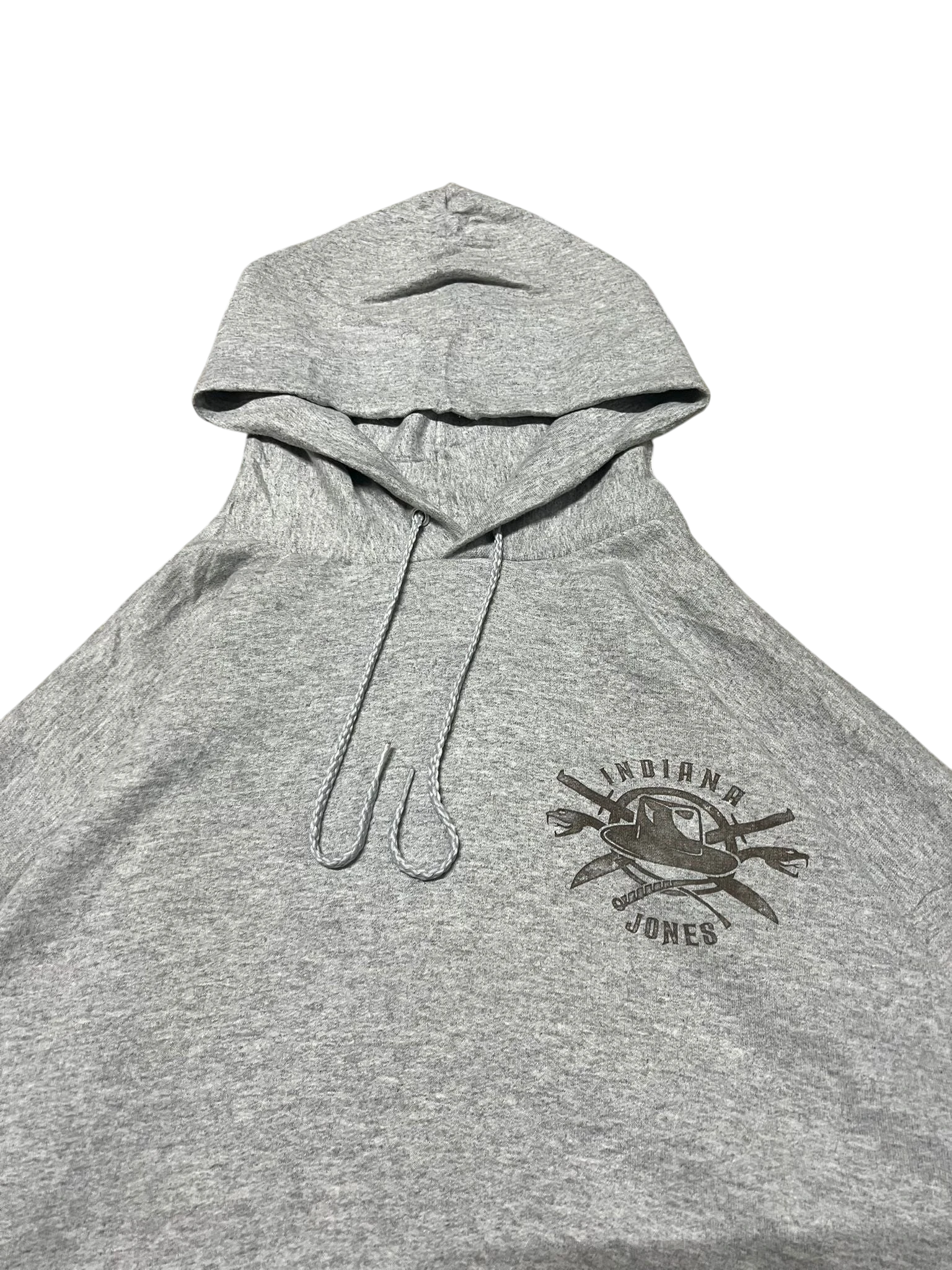 Premier Vintage grey cotton blend Indiana Jones graphic hoodie with drawstring hood and front graphic.