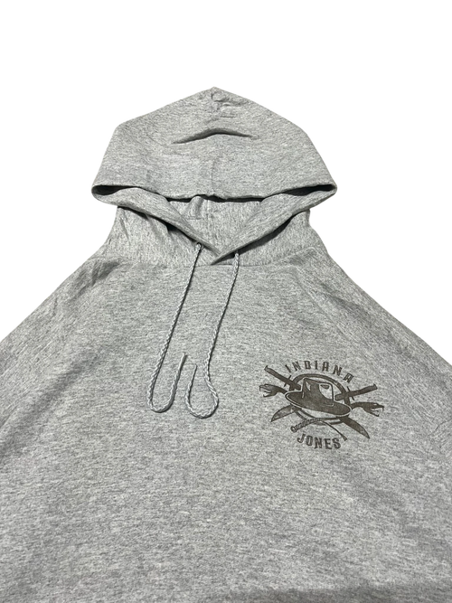 Premier Vintage grey cotton blend Indiana Jones graphic hoodie with drawstring hood and front graphic.