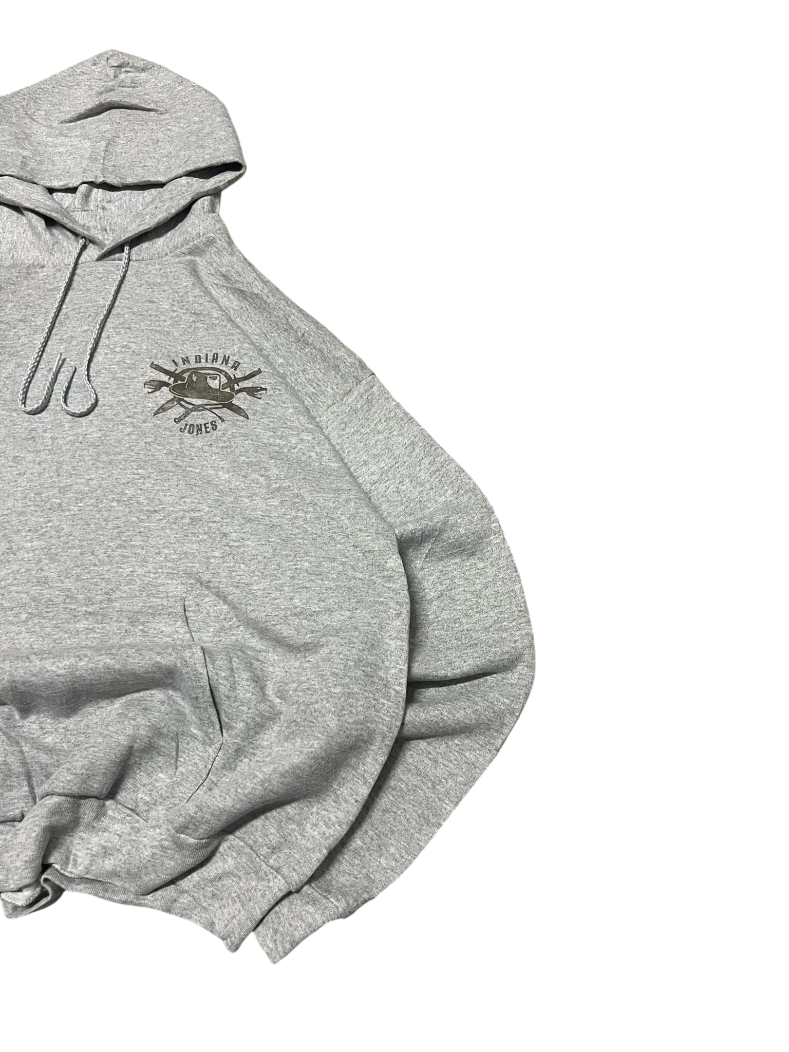 Premier Vintage grey cotton blend Indiana Jones graphic hoodie with drawstring hood and front pocket.