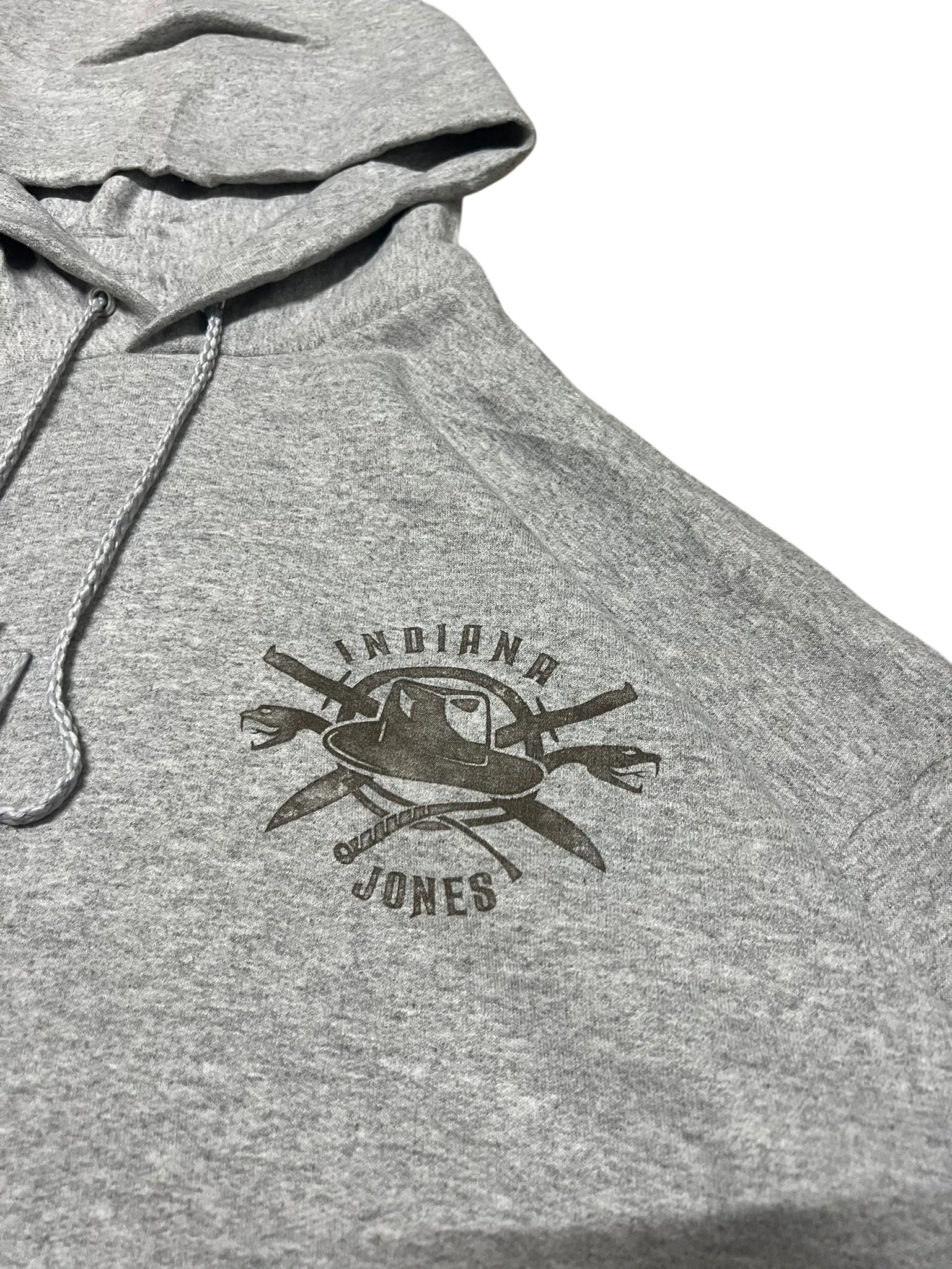 Premier Vintage grey cotton blend Indiana Jones graphic hoodie with drawstring hood and adventurer graphic.