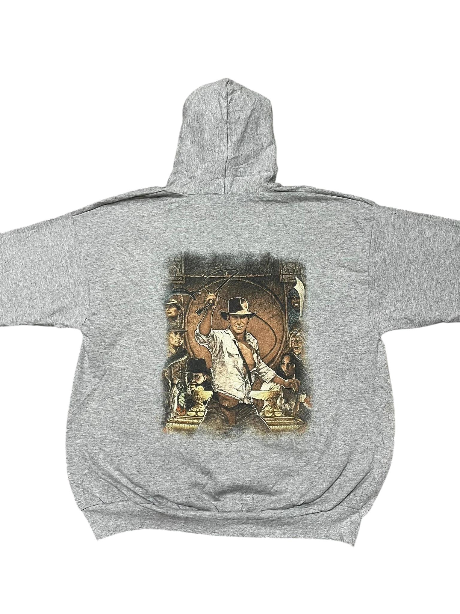 Premier Vintage grey 50% cotton 50% polyester Indiana Jones graphic hoodie. Features a large graphic print of Indiana Jones and other characters.