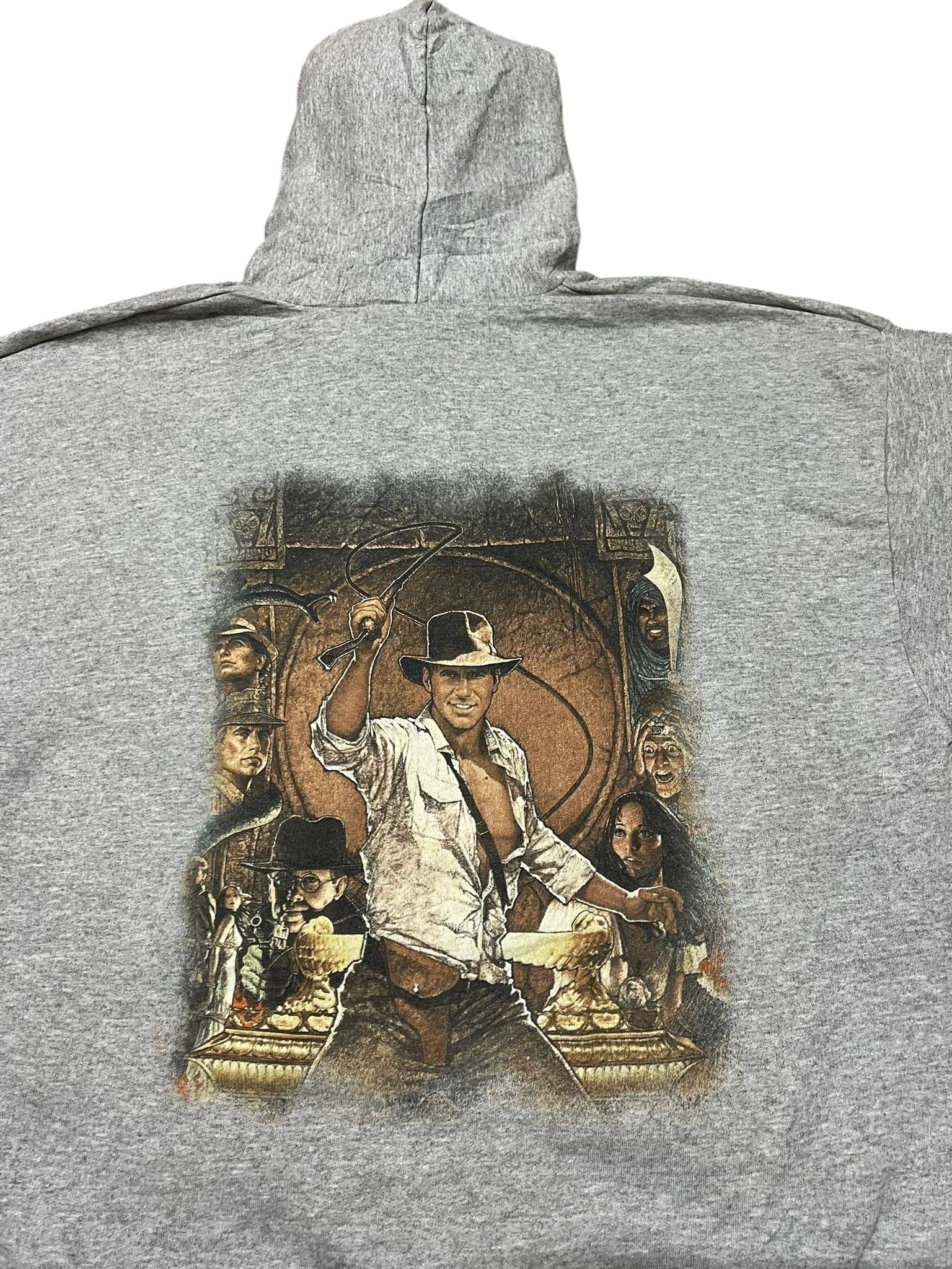 Premier Vintage grey cotton blend Indiana Jones graphic hoodie with drawstring hood and relaxed fit.
