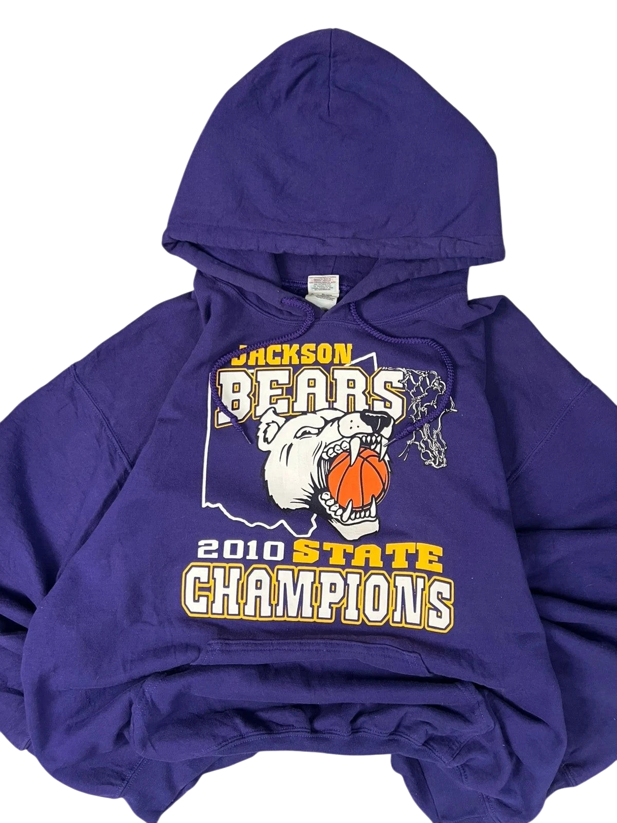 Premier Vintage Jackson Bears 2010 State Champions purple hoodie with graphic of a bear holding a basketball.