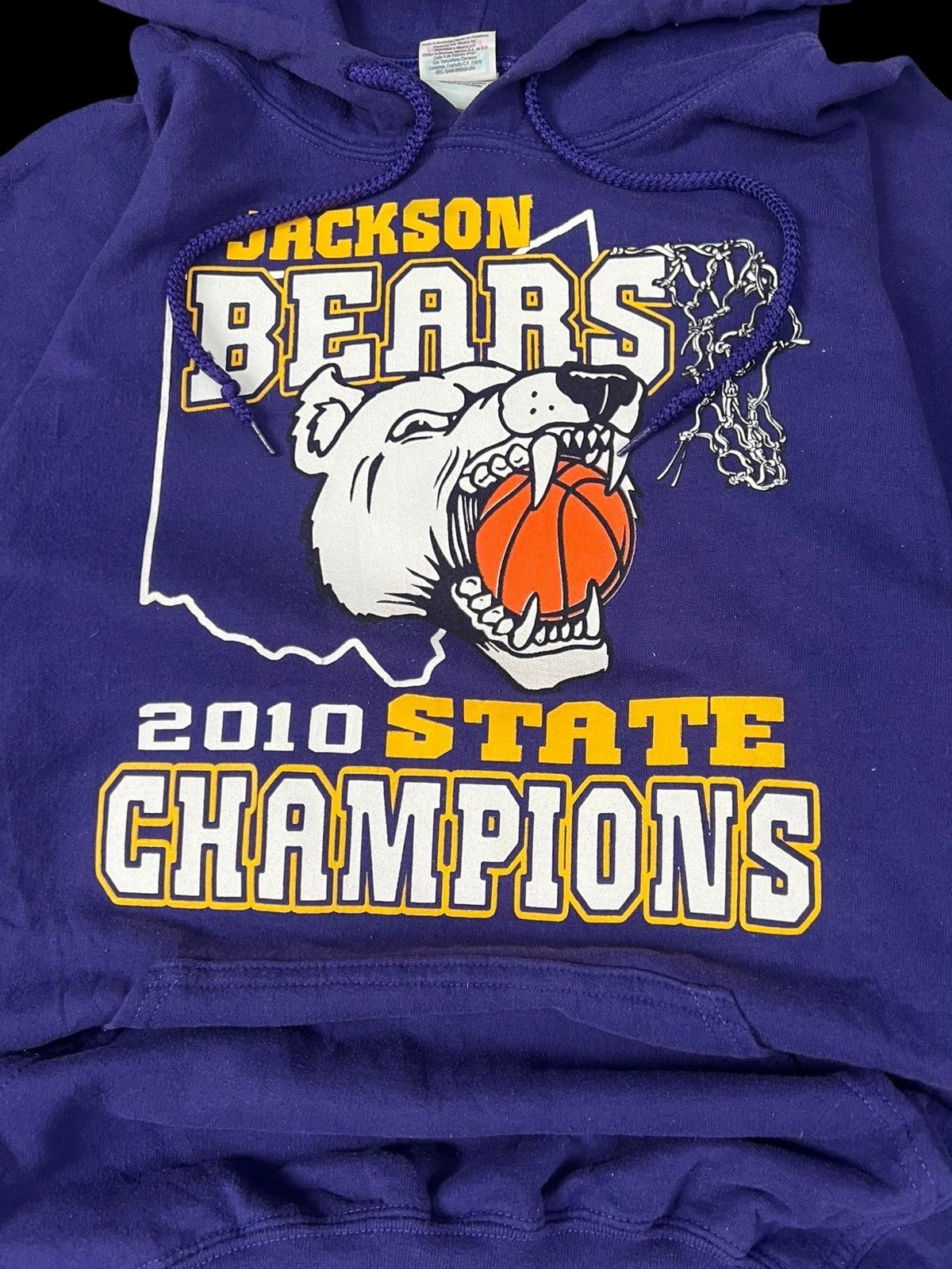 Premier Vintage Jackson Bears 2010 State Champions purple hoodie with basketball graphic and net. Soft cotton blend.