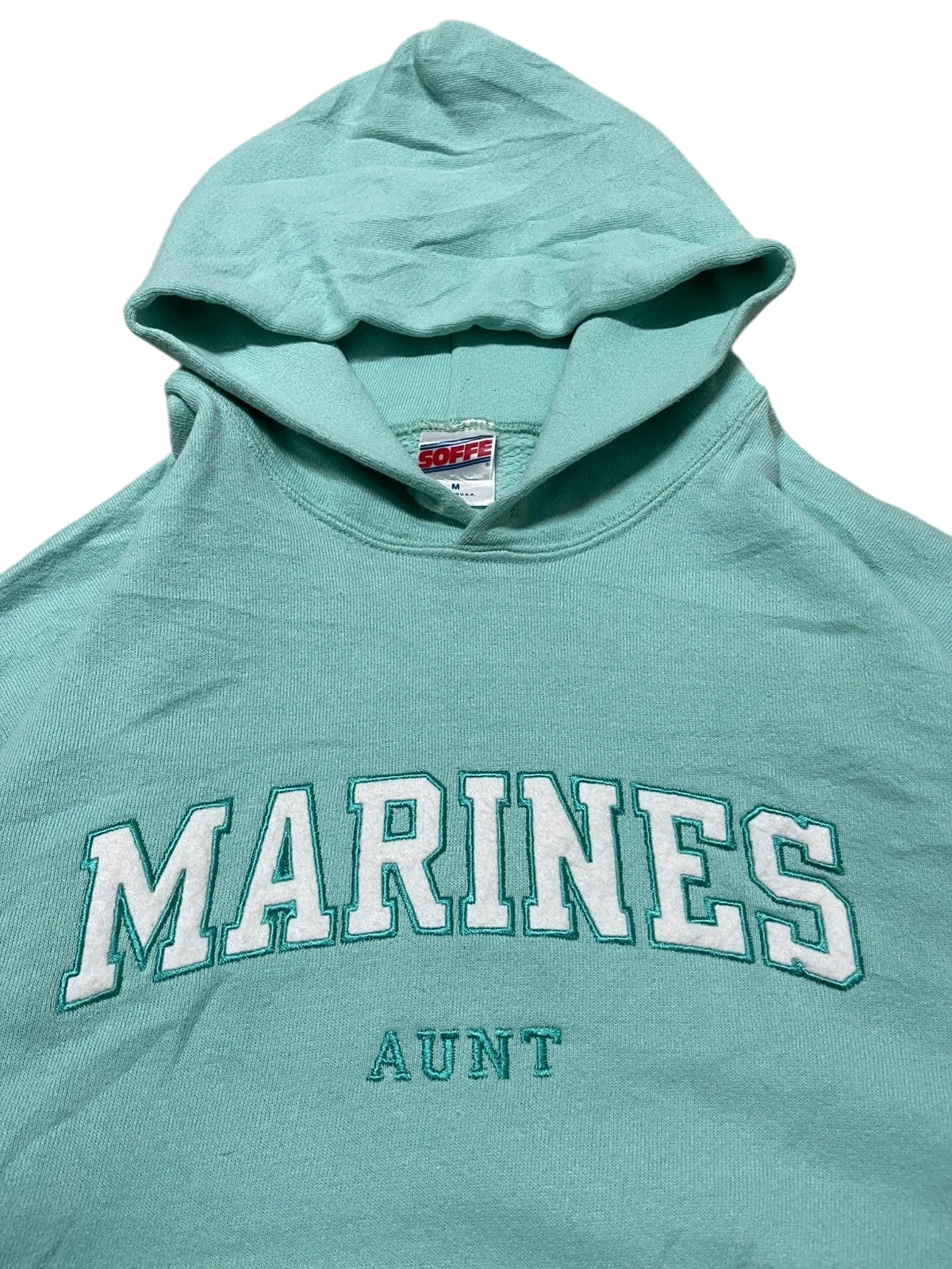 Premier Vintage mint green cotton blend hoodie with "MARINES AUNT" embroidered lettering. Features a hood and kangaroo pocket.