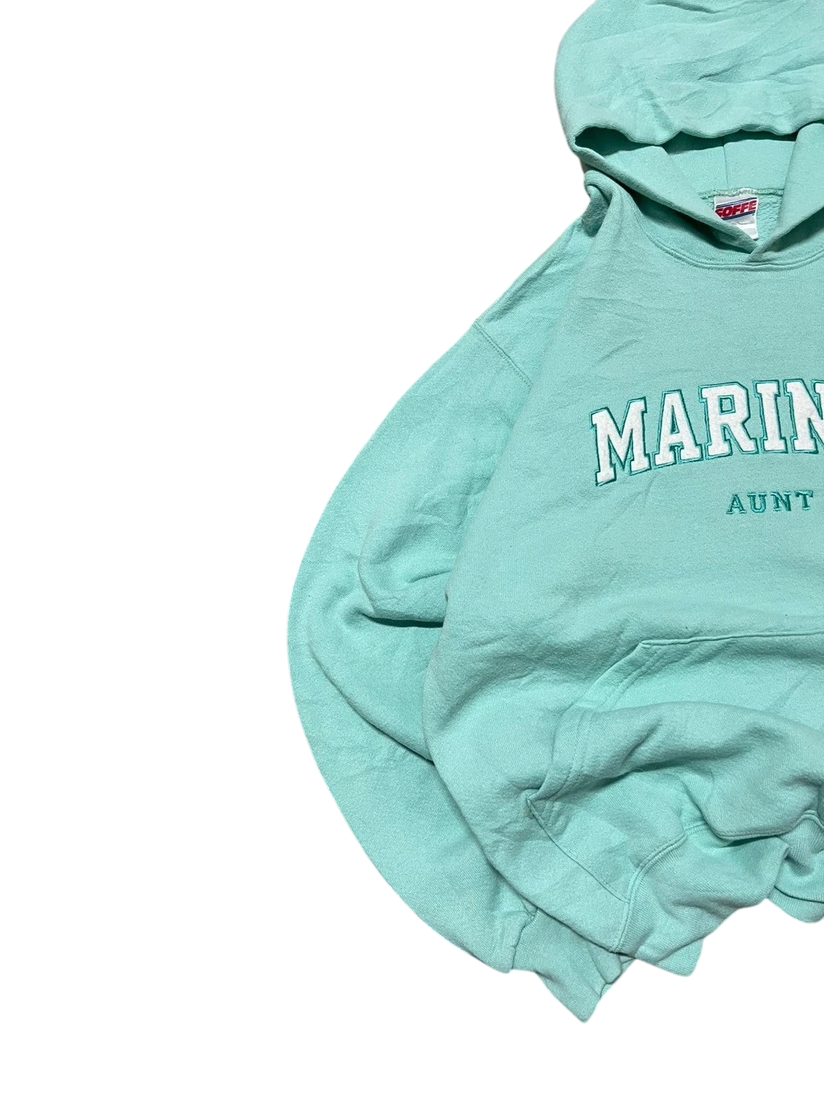 Premier Vintage mint green cotton blend hoodie with "Marines Aunt" embroidered lettering. Features a hood and kangaroo pocket.