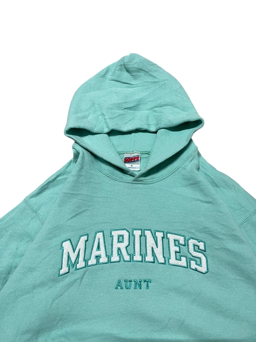 Premier Vintage mint green cotton blend hoodie with "Marines Aunt" embroidered lettering. Features a hood and kangaroo pocket.