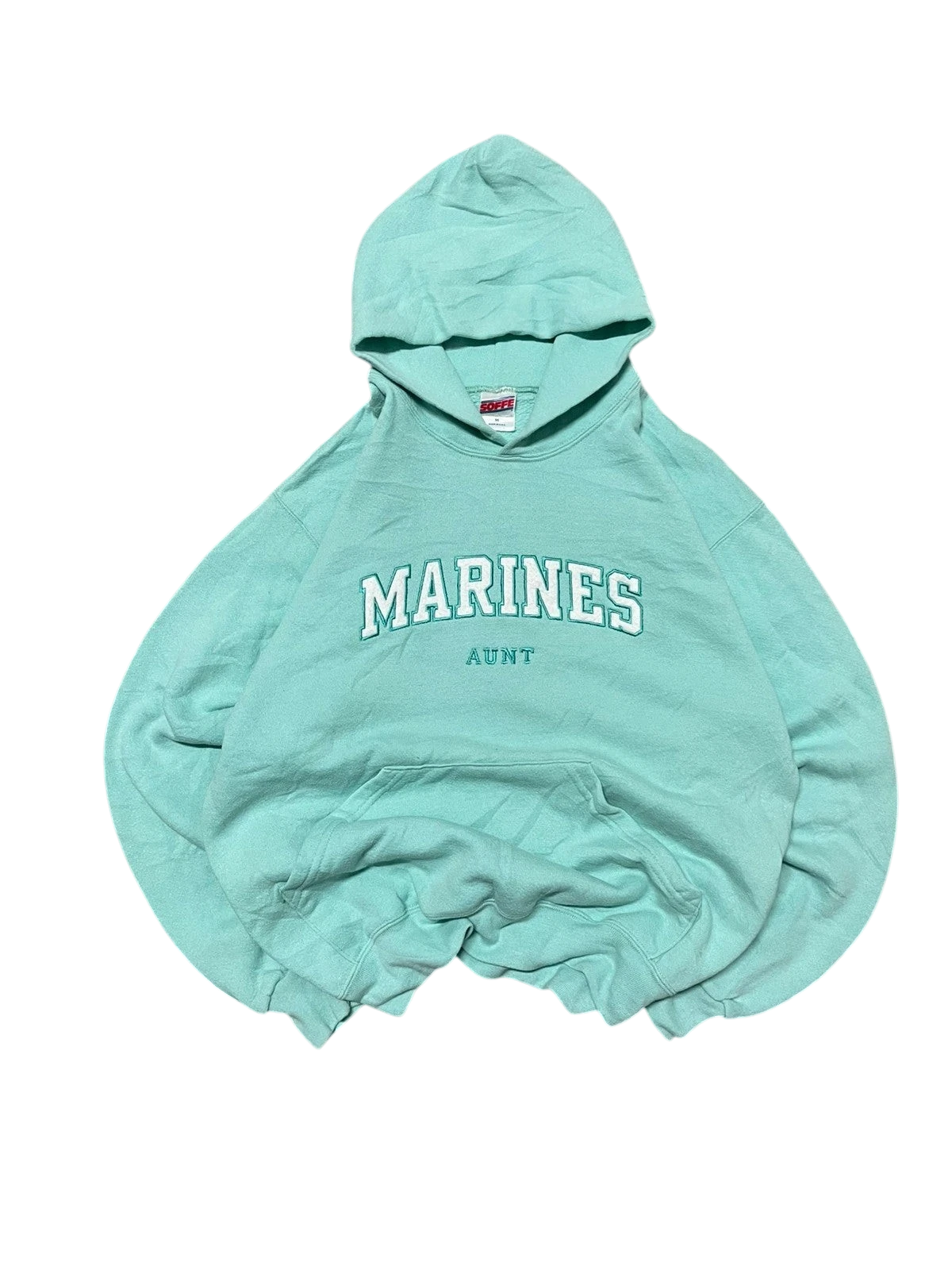 Premier Vintage mint green cotton blend Marines Aunt hoodie with embroidered lettering, hood, and kangaroo pocket.